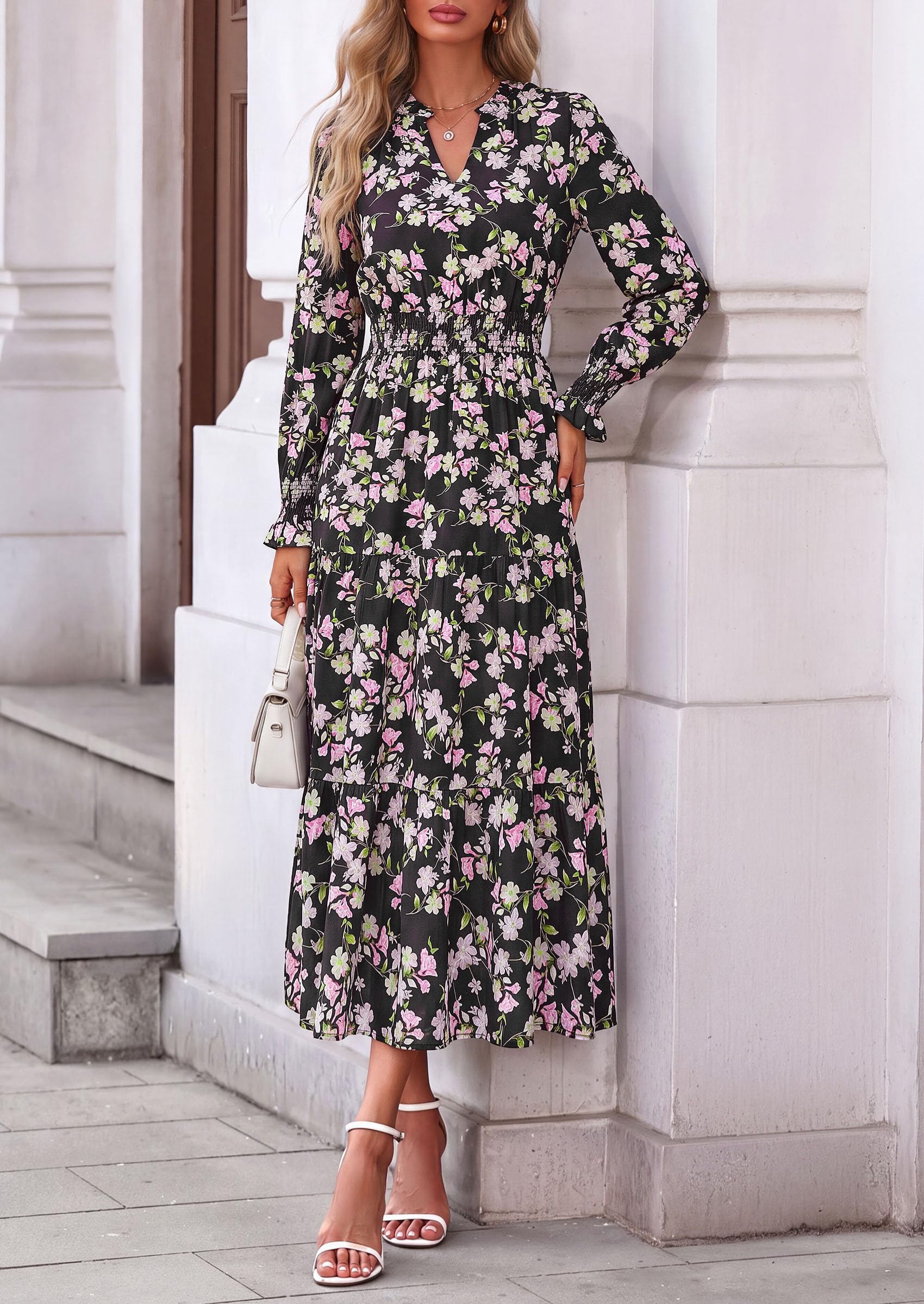 Women's Floral Maxi Dress Fall A Line Wedding Guest Dresses
