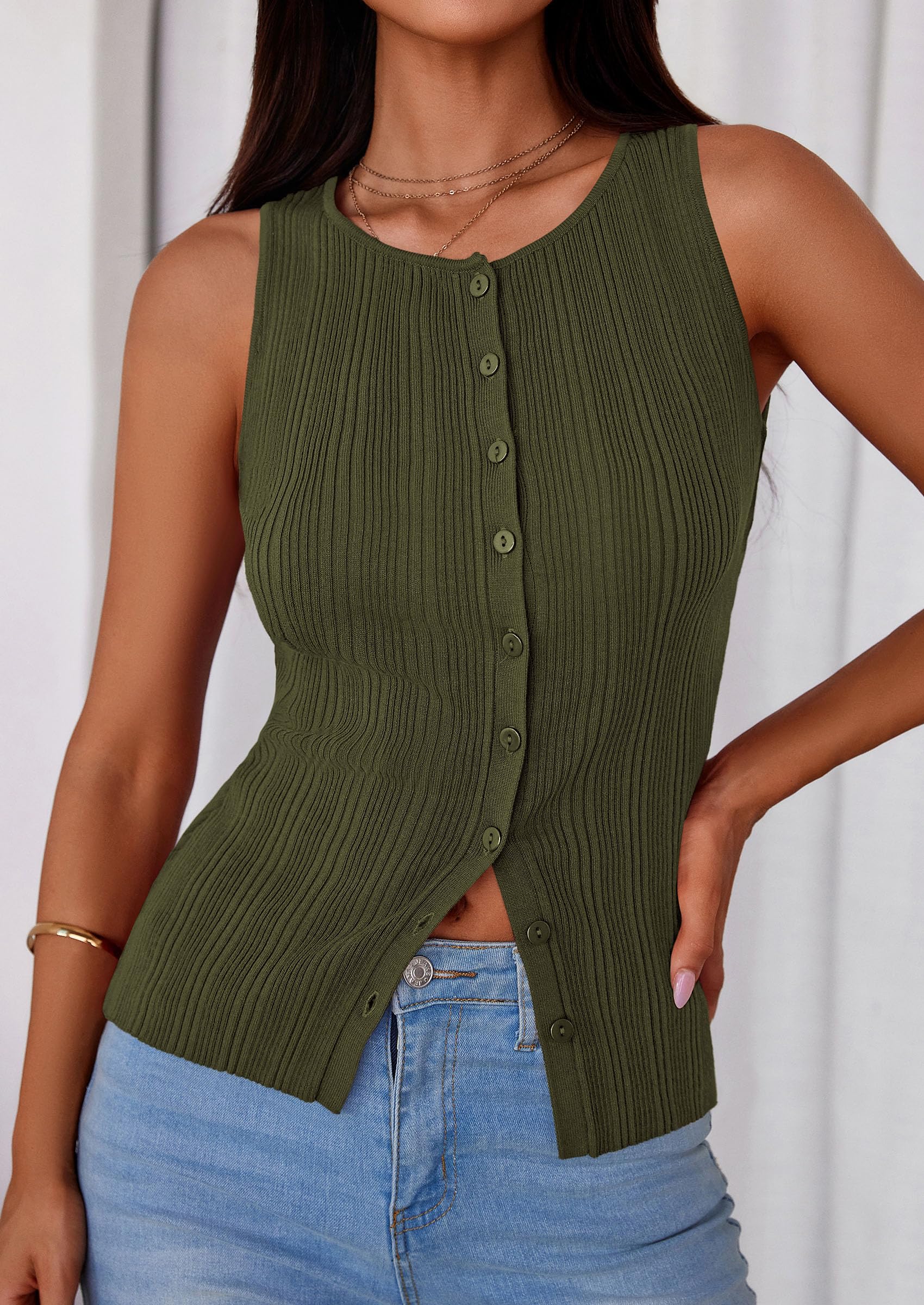 Sleeveless Button Down Shirts for Women Summer 2026 Going Out Ribbed Knit Tank Tops Y2K Clothes Trendy Vest Tops Army Green