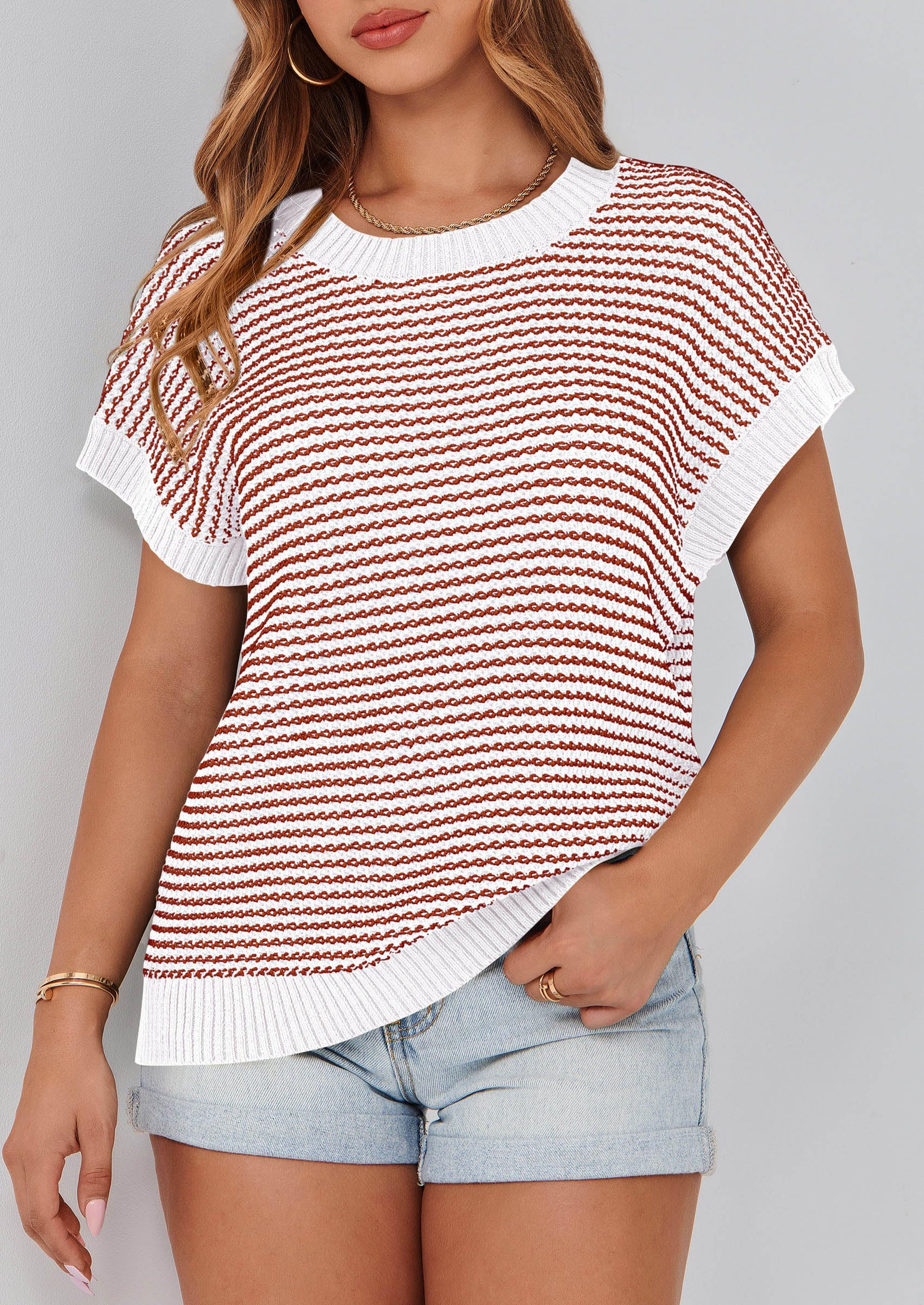Women's Striped Short Sleeve Sweater Vest Striped White Red,S