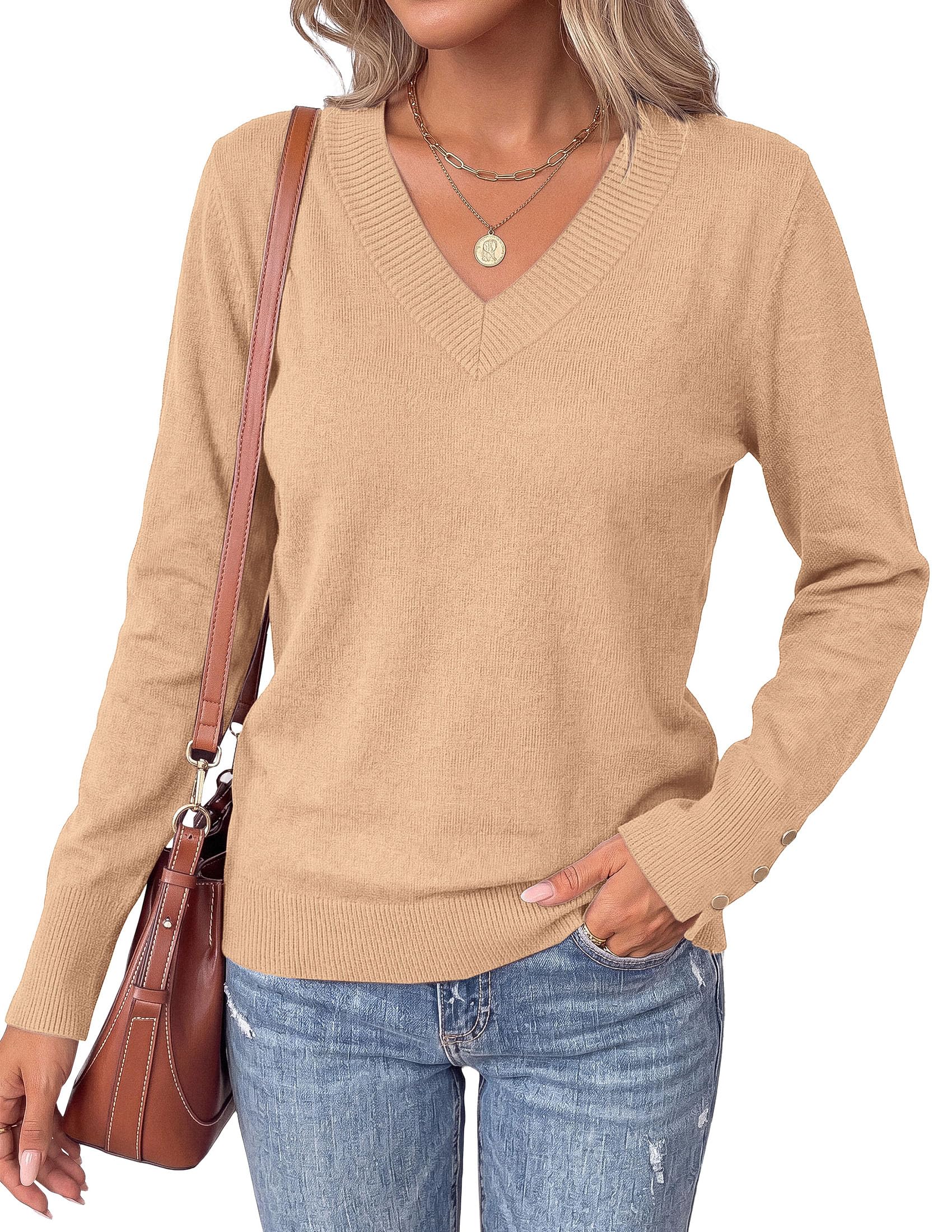 Fall Sweaters for Women V Neck Lightweight Pullover Top Khaki