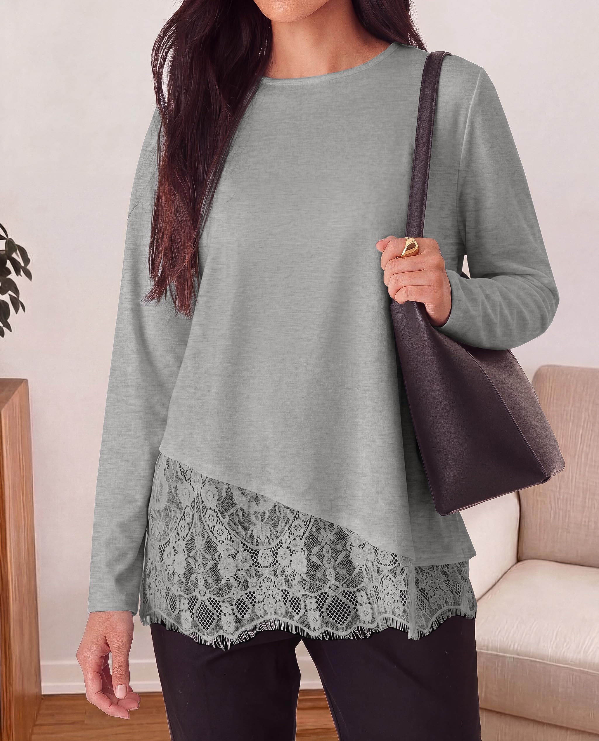 Women's Lace Patchwork Long Sleeve Shirts,Grey,S