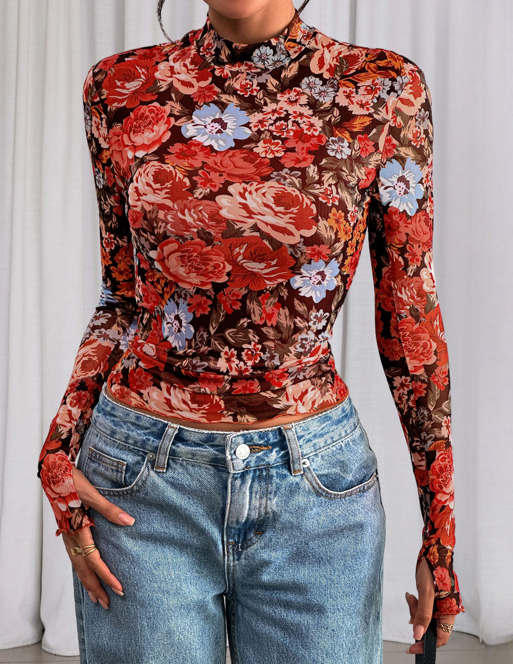 Womens Floral Mesh Long Sleeve Tops Fall Slim Fitted Shirts