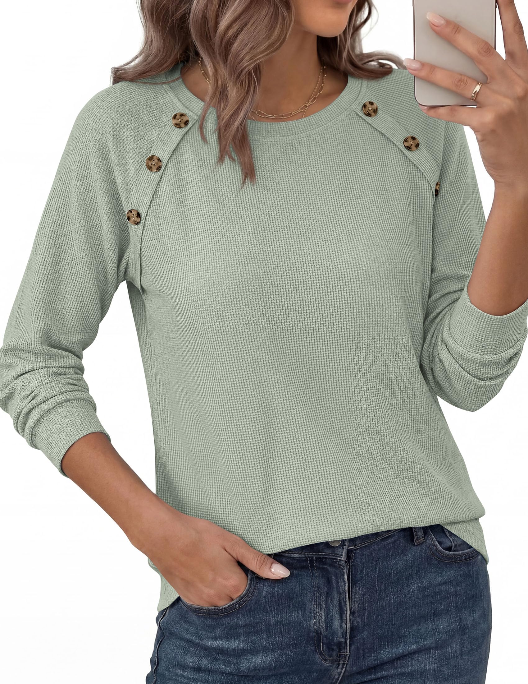 Fall Long Sleeve Waffle Knit Shirts for Women Loose Tunic Tops