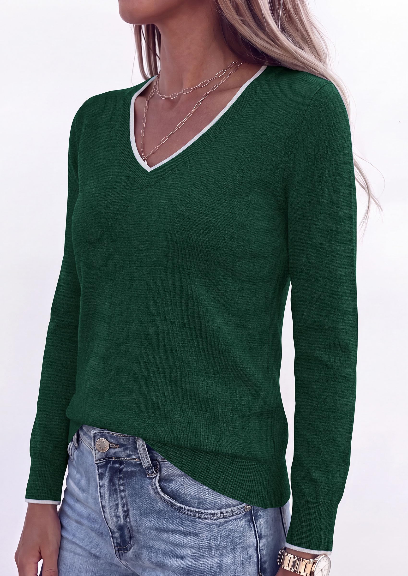 Women's V Neck Sweater Long Sleeve Knit Tops (Dark Green,S)