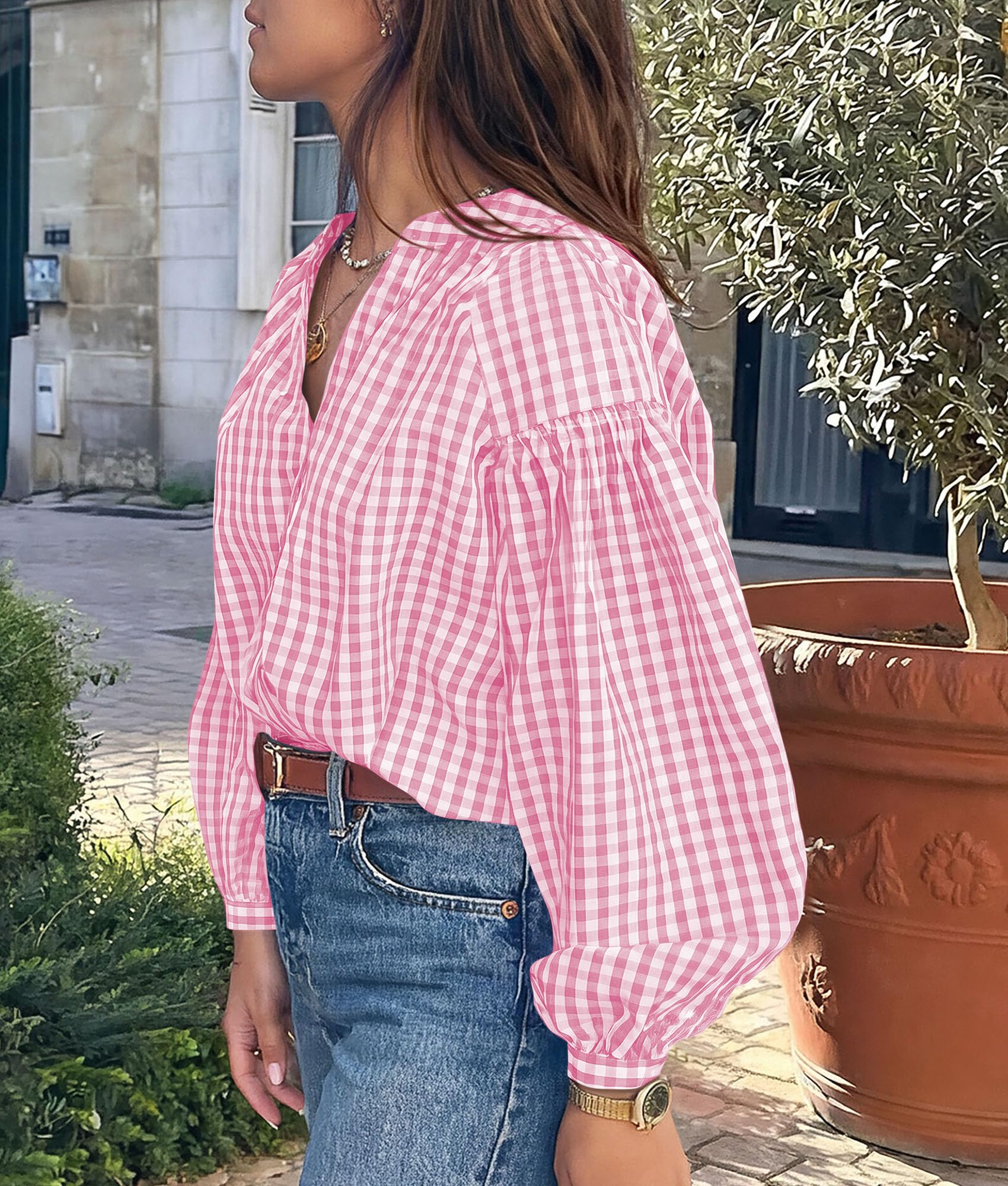 Women Fall Plaid Long Puff Sleeve Shirts V Neck Casual Blouses
