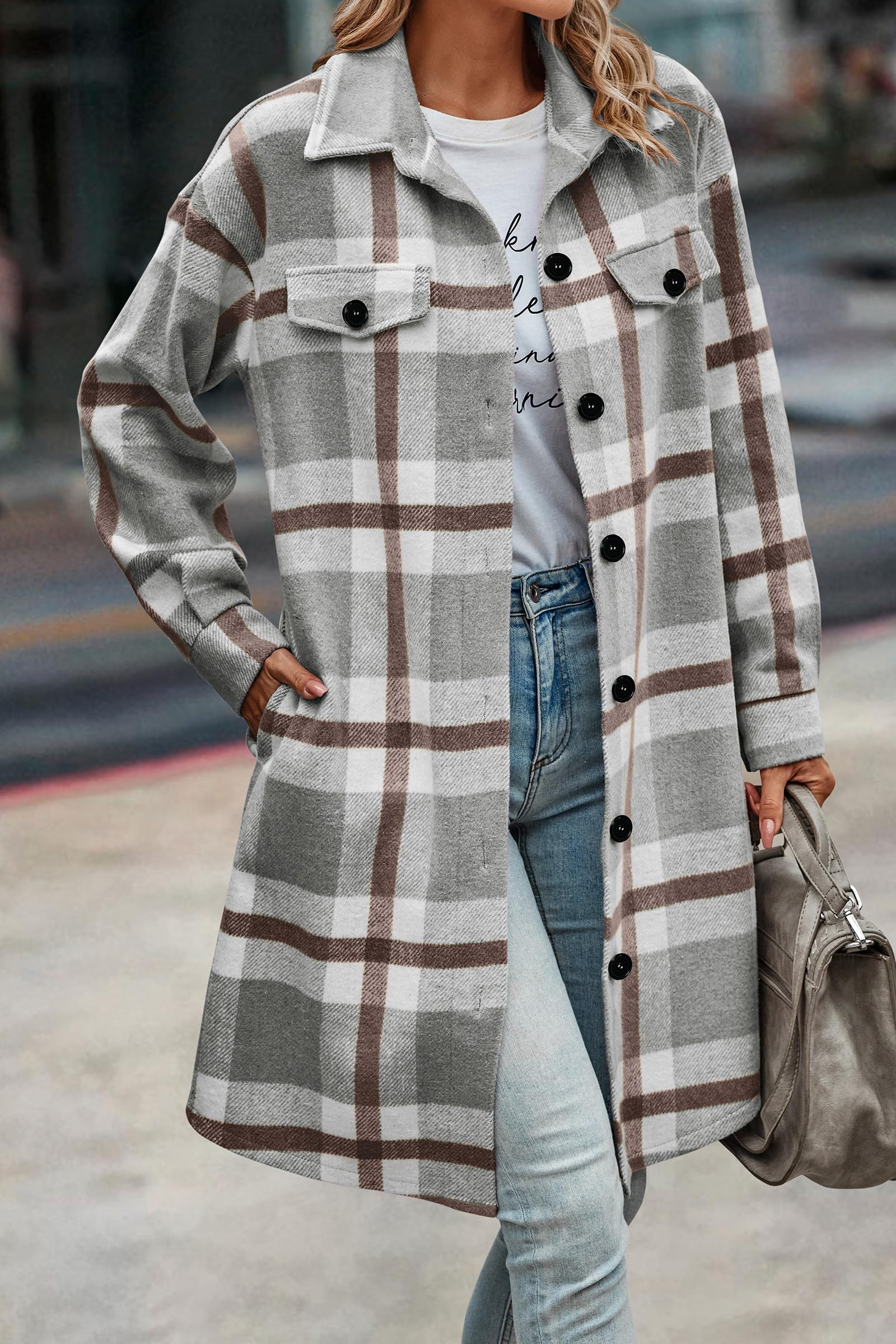Womens Plaid Shacket Jacket Flannel Shirts,Plaid Grey,S