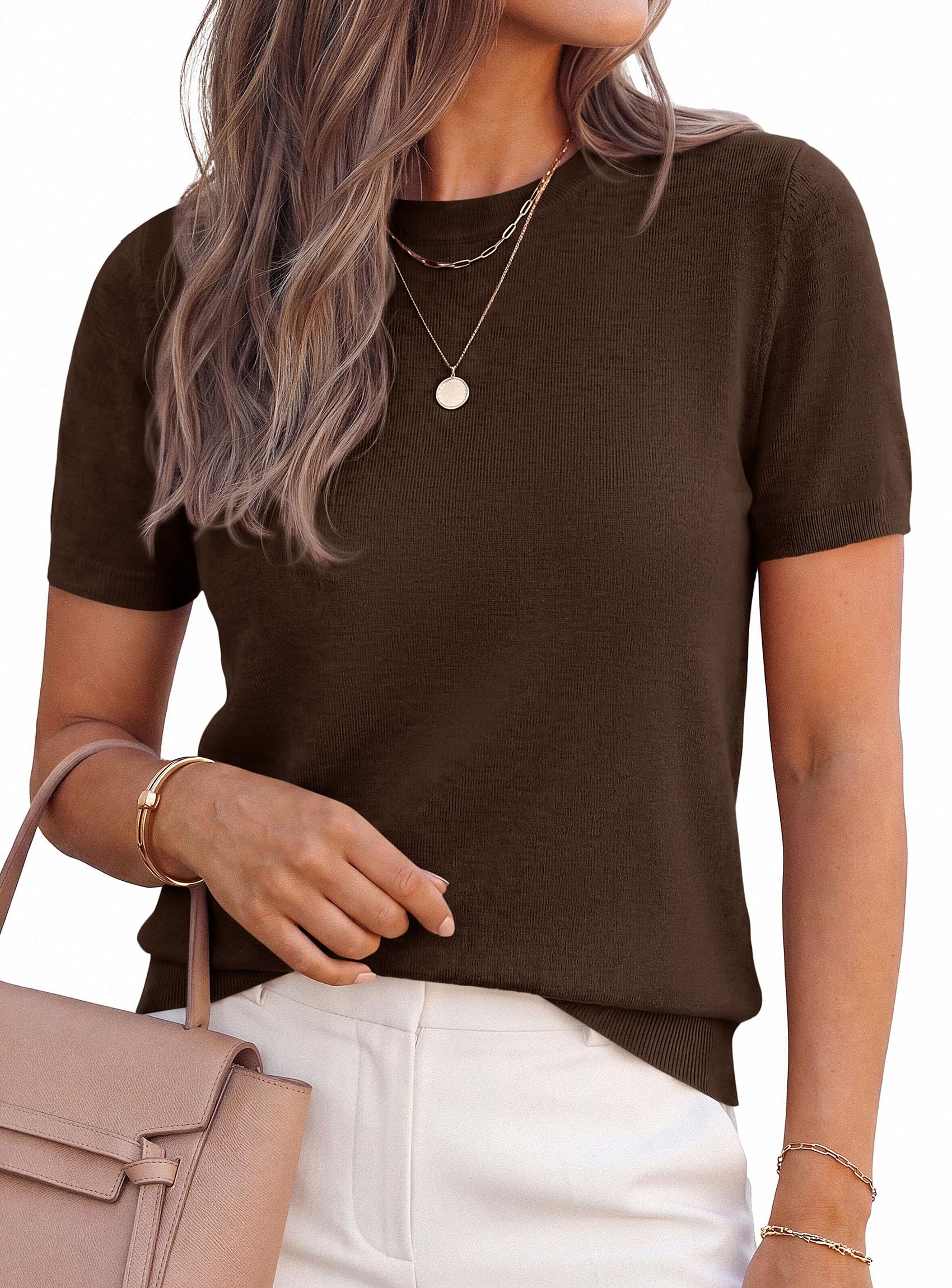 Women's Short Sleeve Sweaters Summer Tops,Brown,S