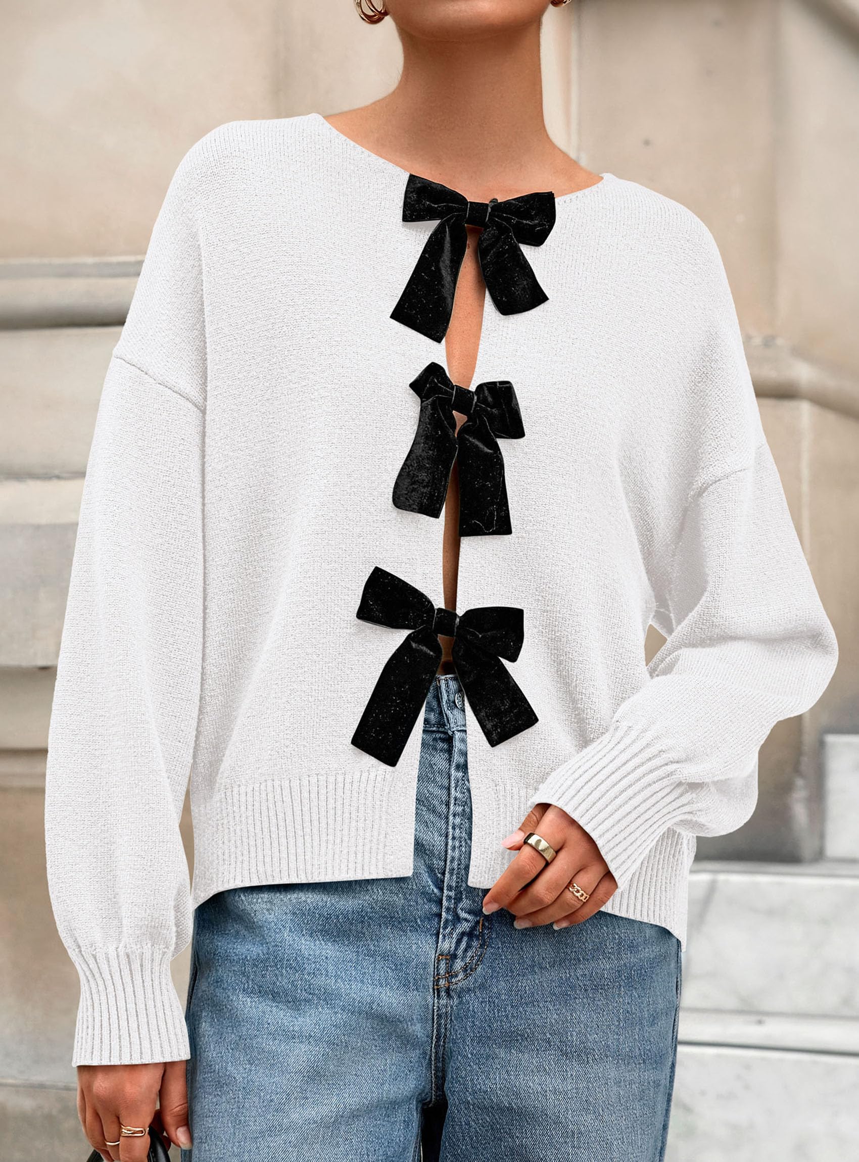 Women's Fall Bow Tie Front Cardigan Sweaters,White,S