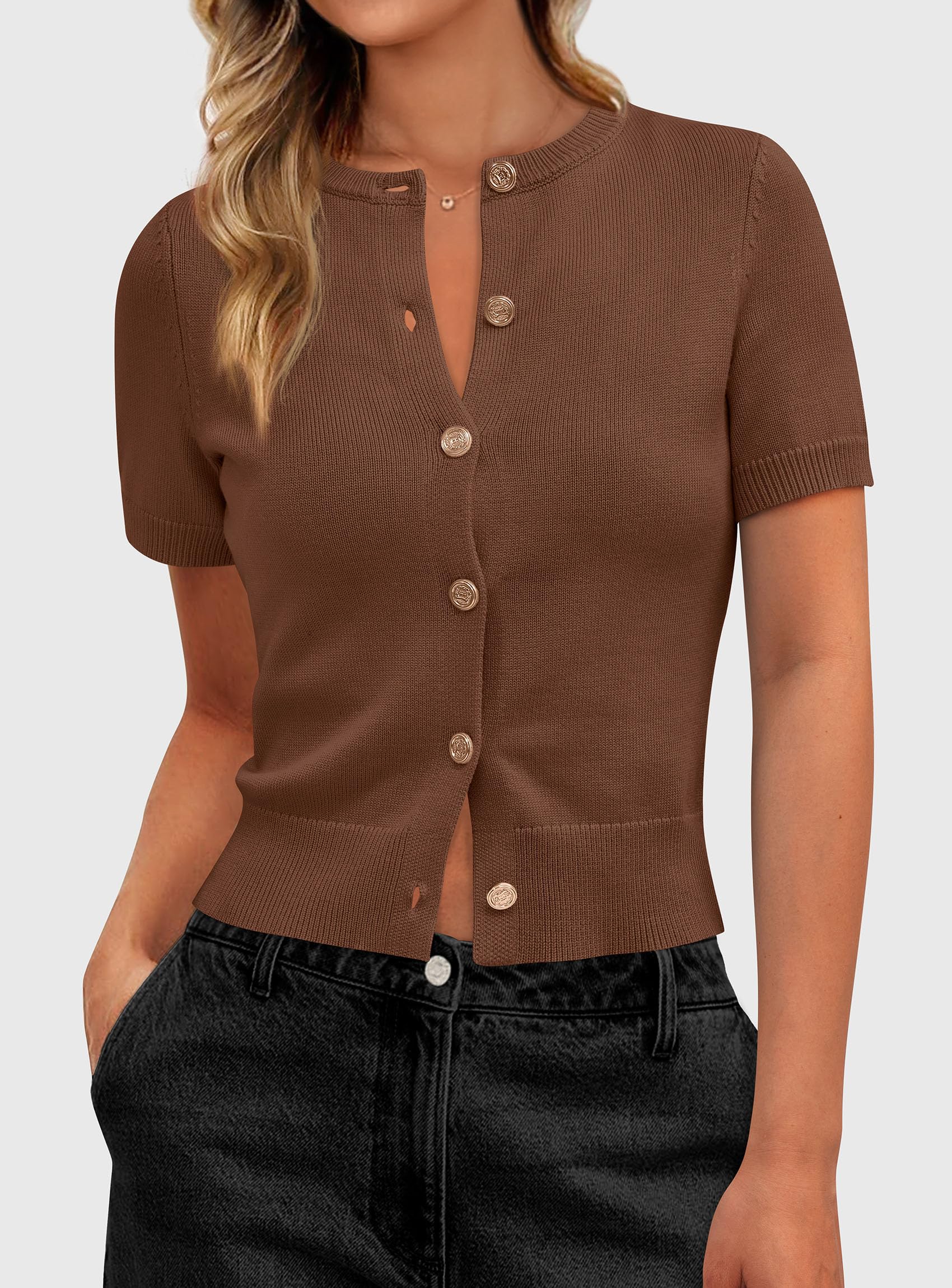 Womens Summer Cardigan Short Sleeve Sweater,Brown,S