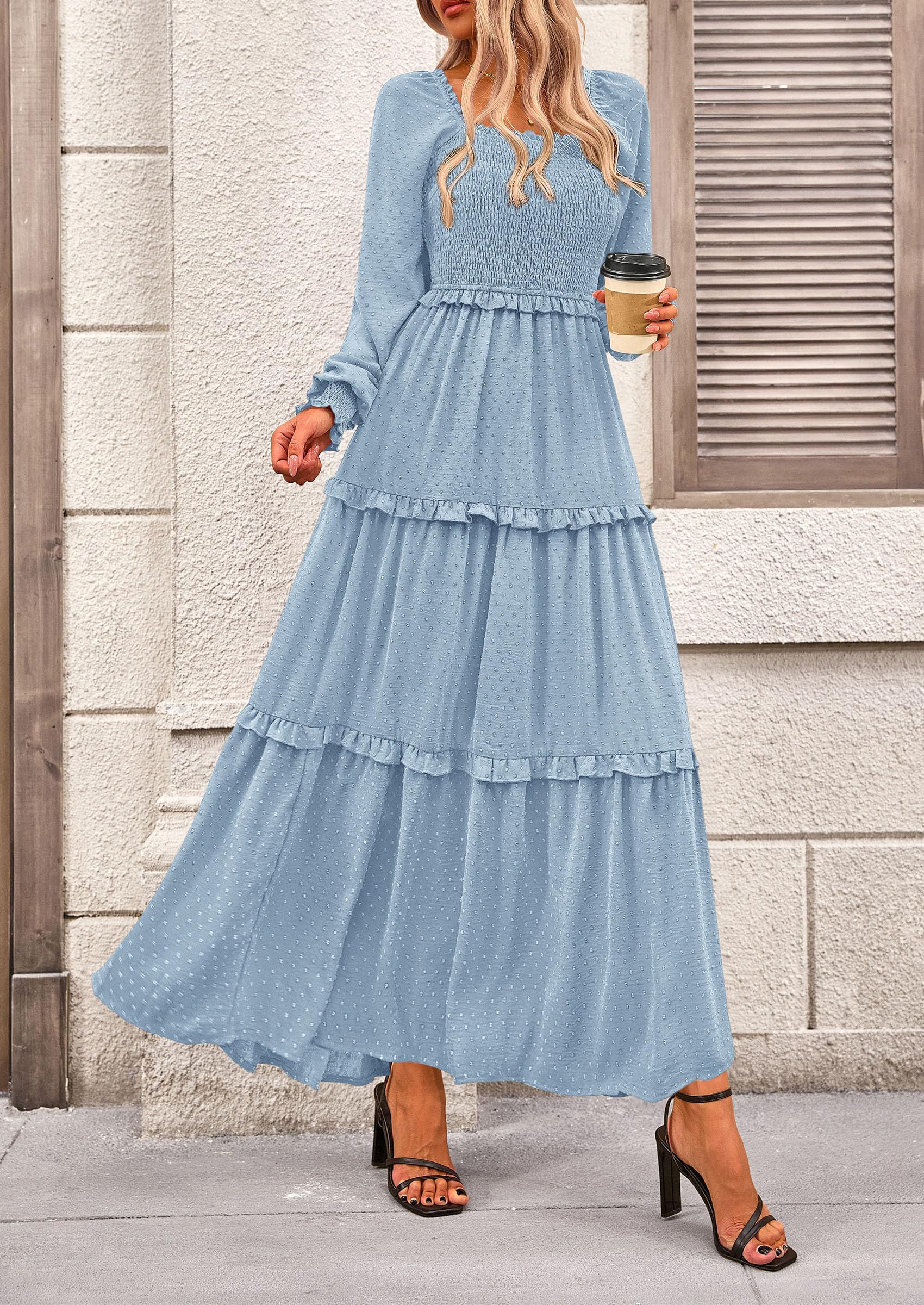 Women's Smocked Long Sleeve Maxi Dress Wedding Guest Dresses