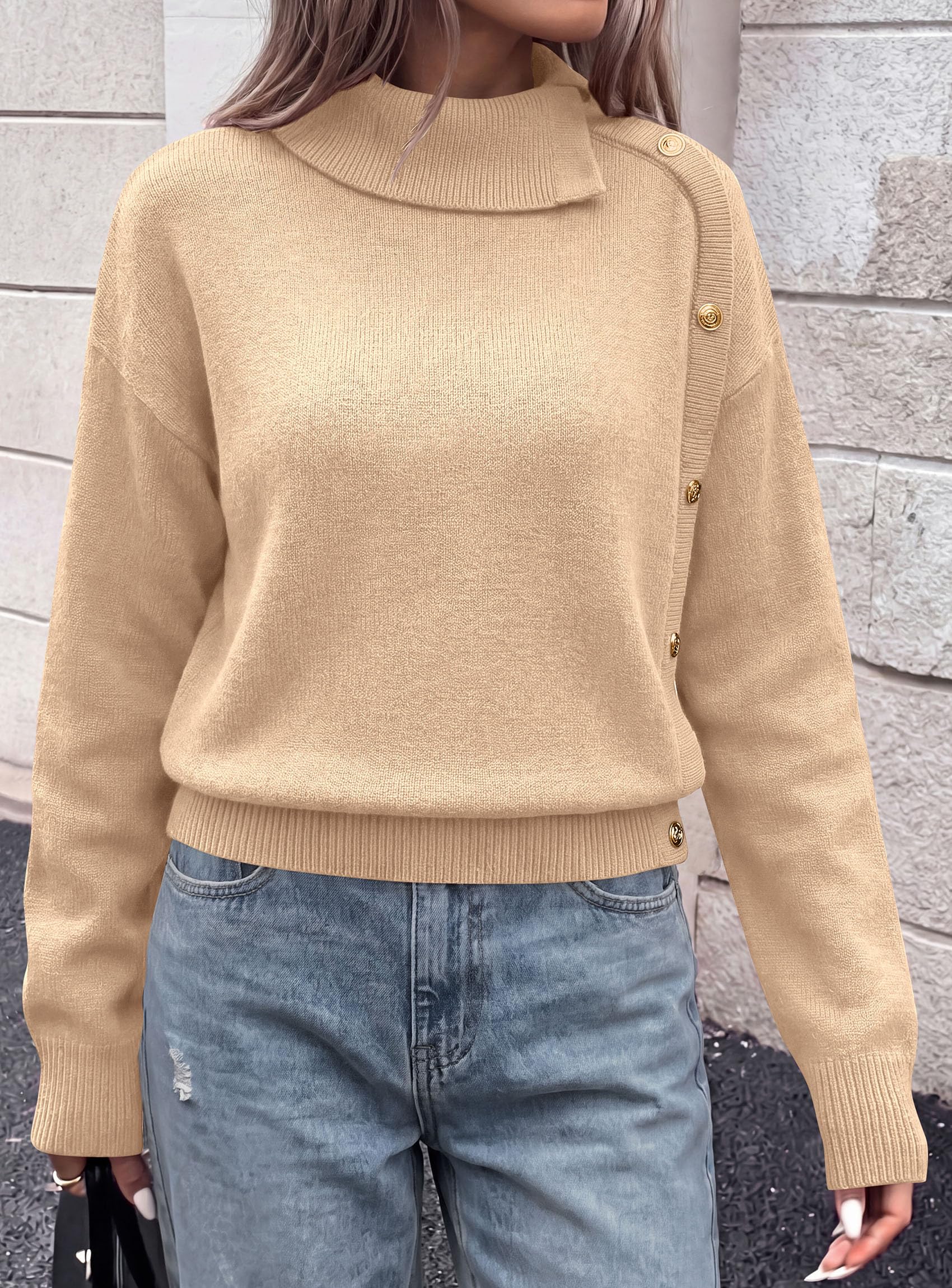 Womens Turtleneck Sweater Pullover Side Button Fall Clothes