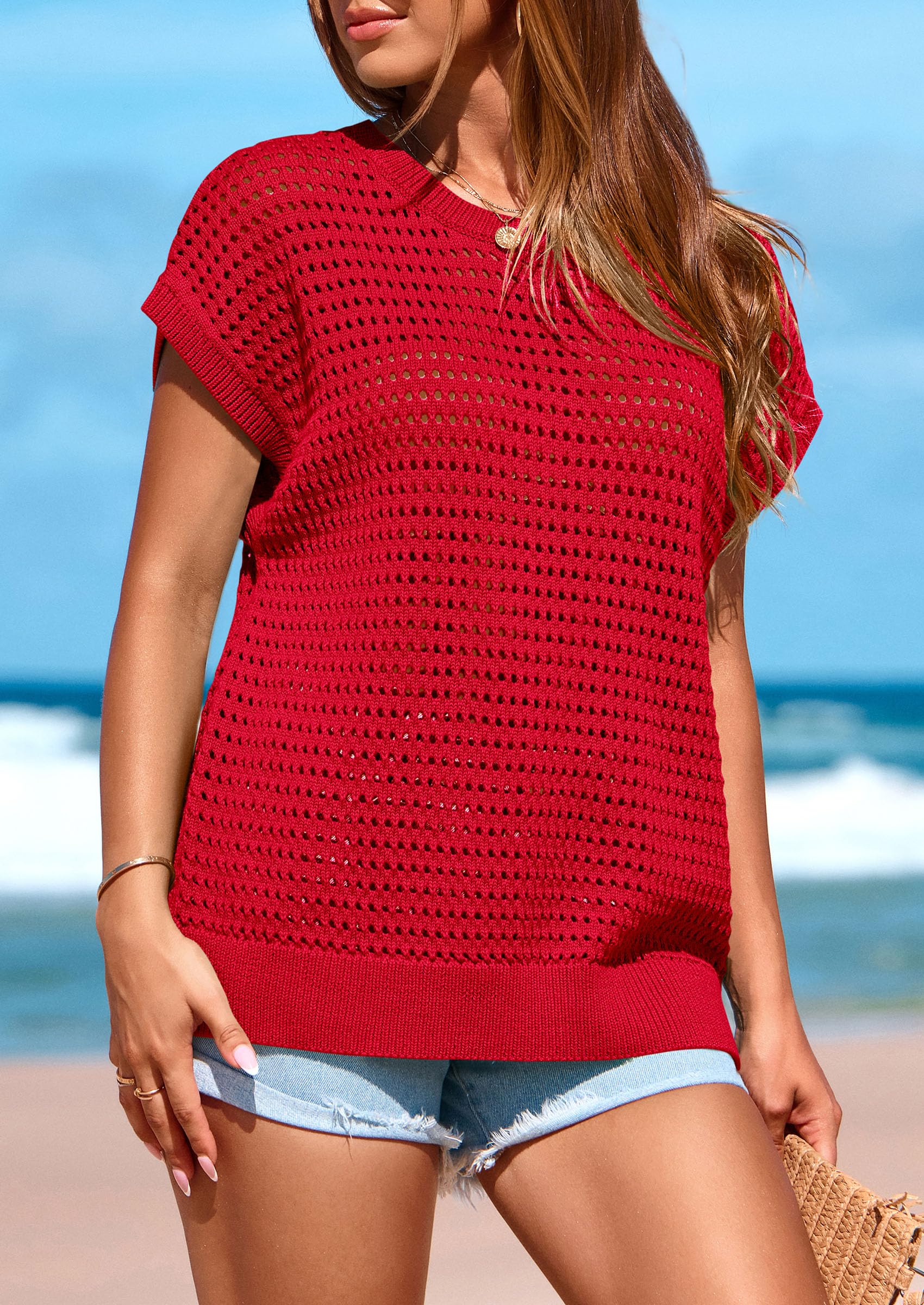Women's Summer Crochet Cap Sleeve Sweater Tops,Dark Orange,S