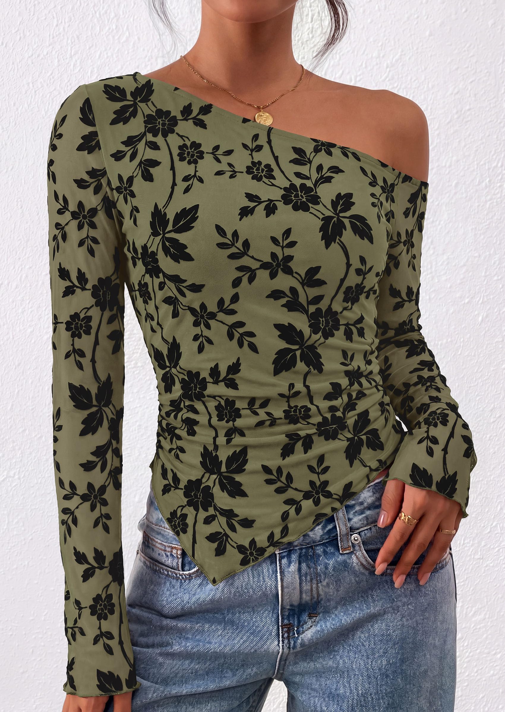 Womens Off Shoulder Mesh Y2k Tops,Army Green,XS