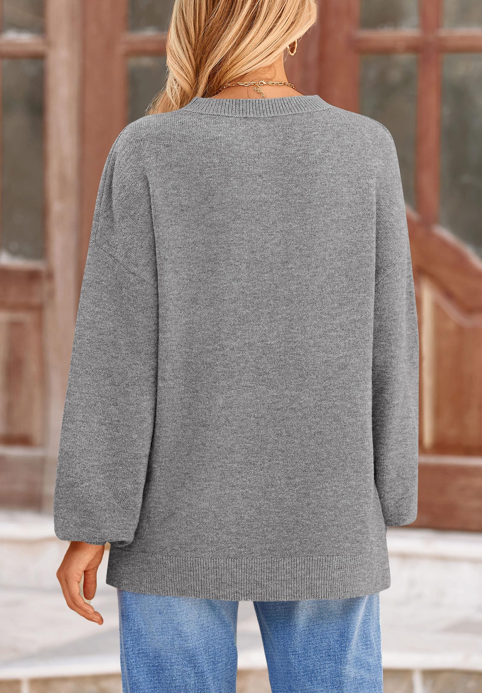 Women's 2025 Fall Sweaters Casual Crew Neck Long Sleeve Pullover Tops Ribbed Knit Loose Fit Winter Clothes (Grey,Small)