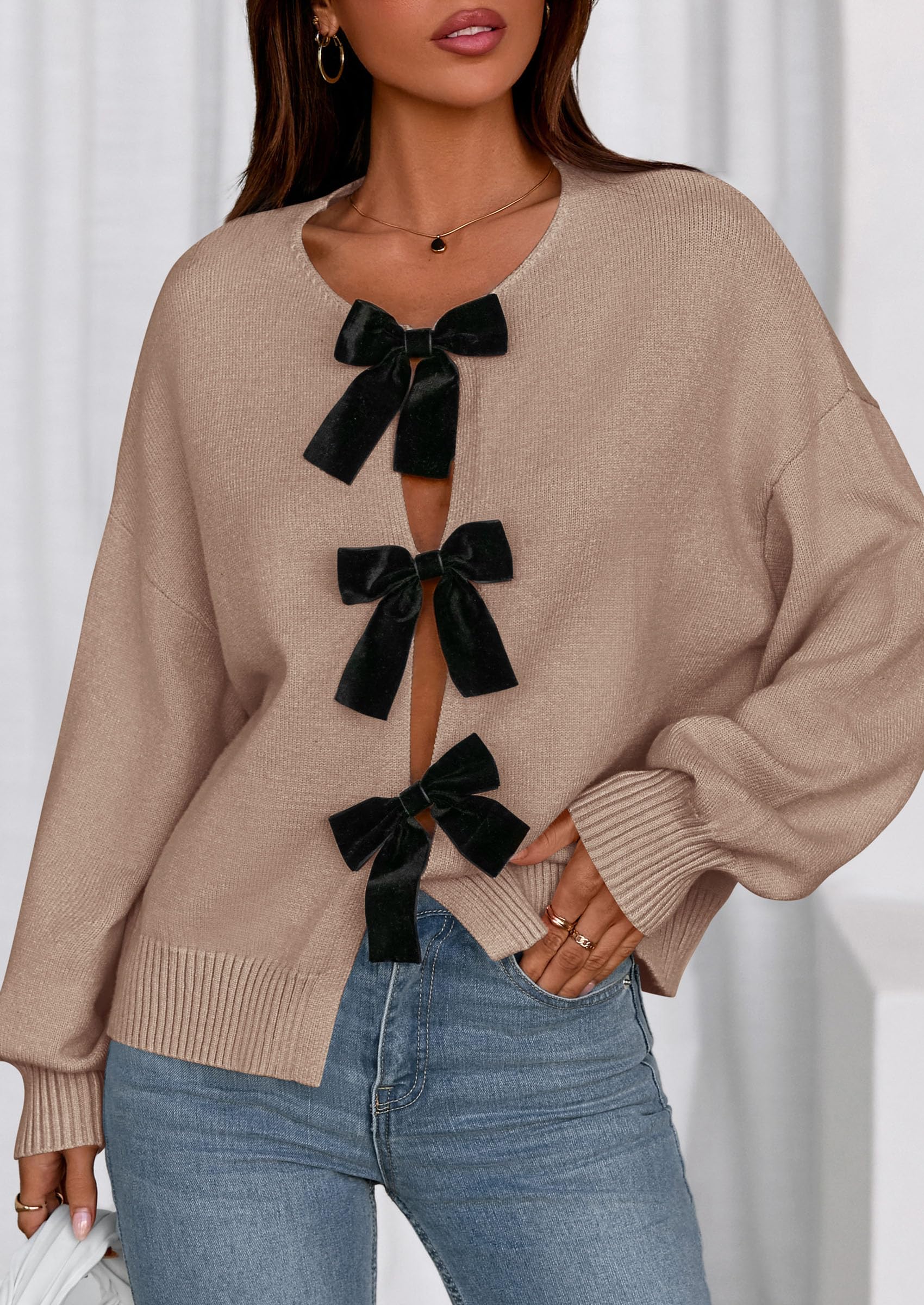 Women's Fall Bow Tie Front Cardigan Sweaters,Khaki,S