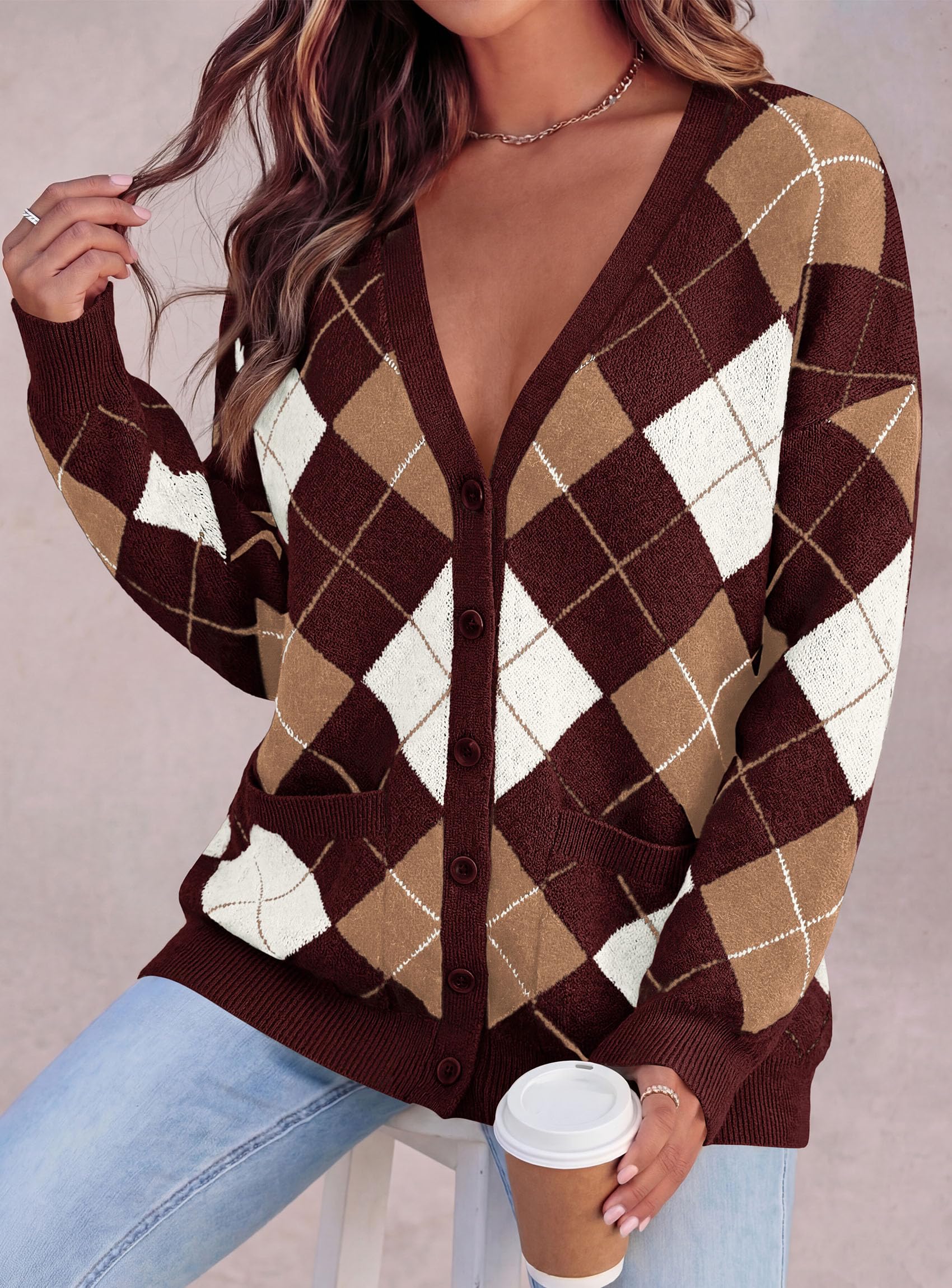 Women's Cardigan Argyle Winter Sweaters (Plaid Wine Red,S)