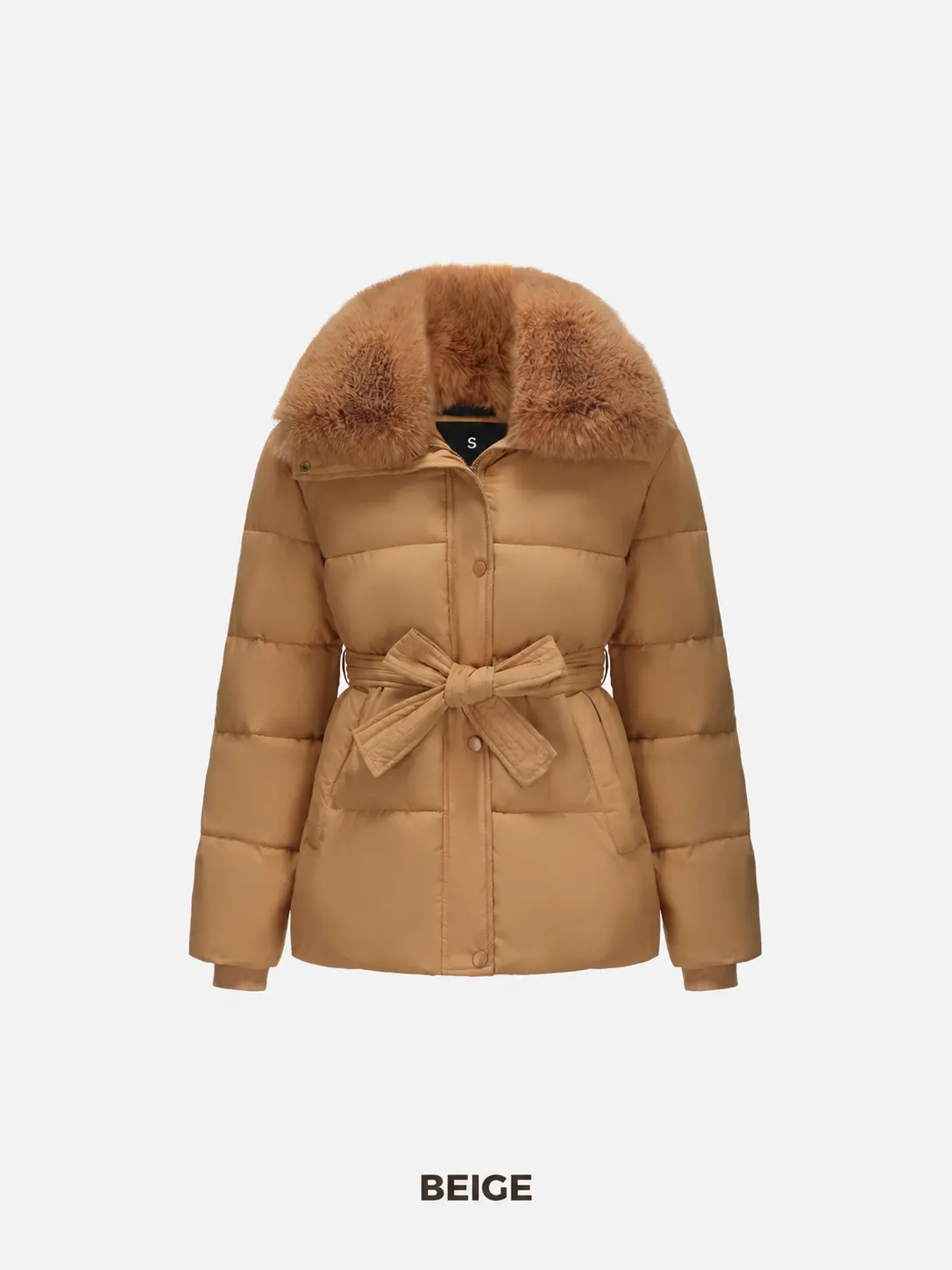 Beige Elevated Detachable Faux Fur Collar Puffer With Belt