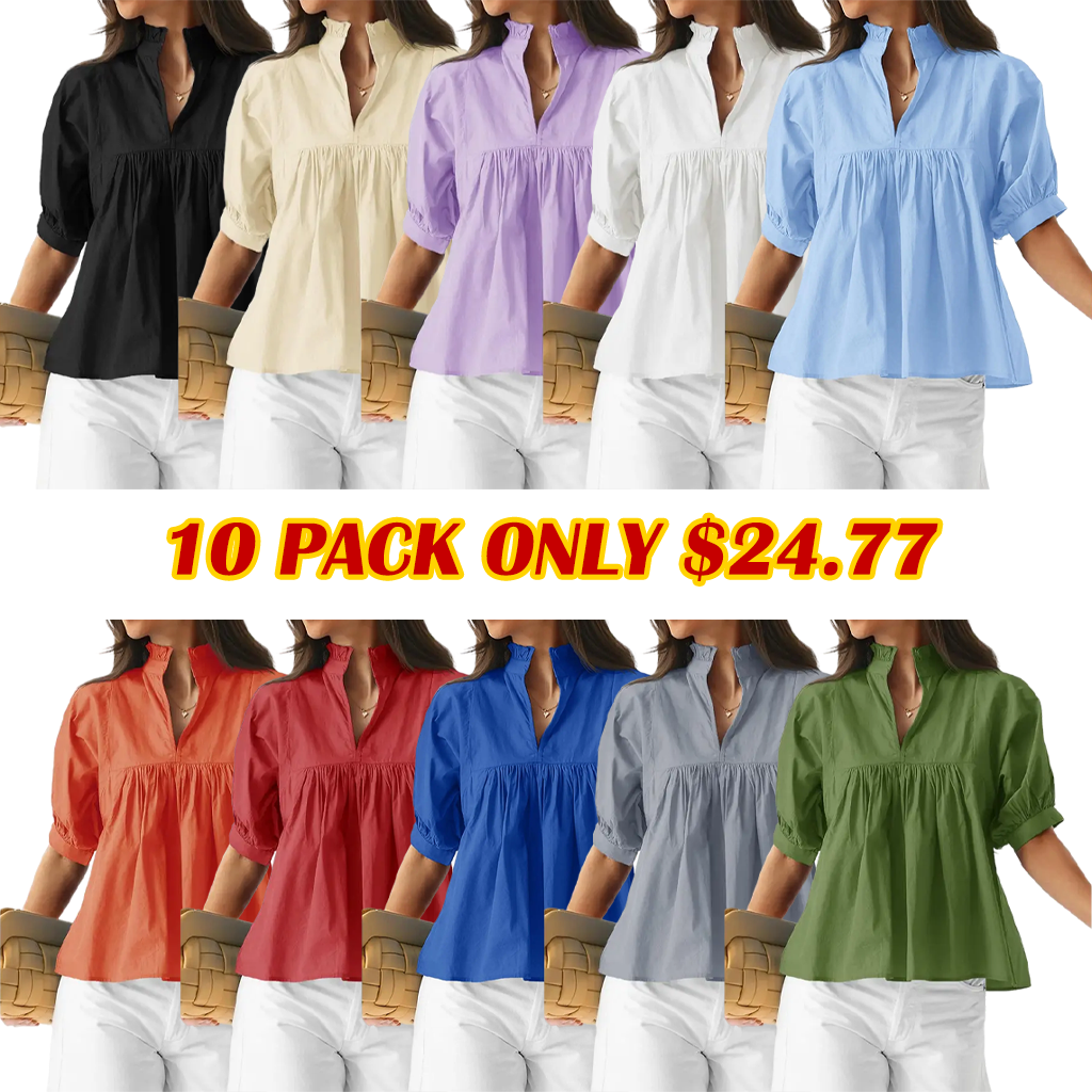 Womens V Neck Puff Sleeve Blouse Babydoll Peplum Tops Dressy Casual Pleated Loose Fit Shirts