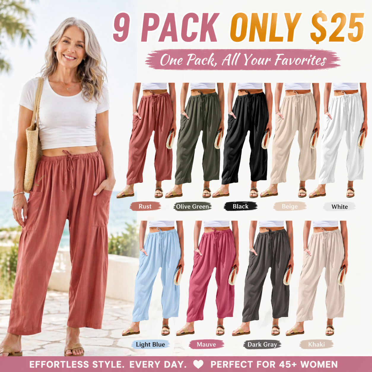 Women's Linen Wide Leg Pants Casual Loose Drawstring Low Waist with Pockets