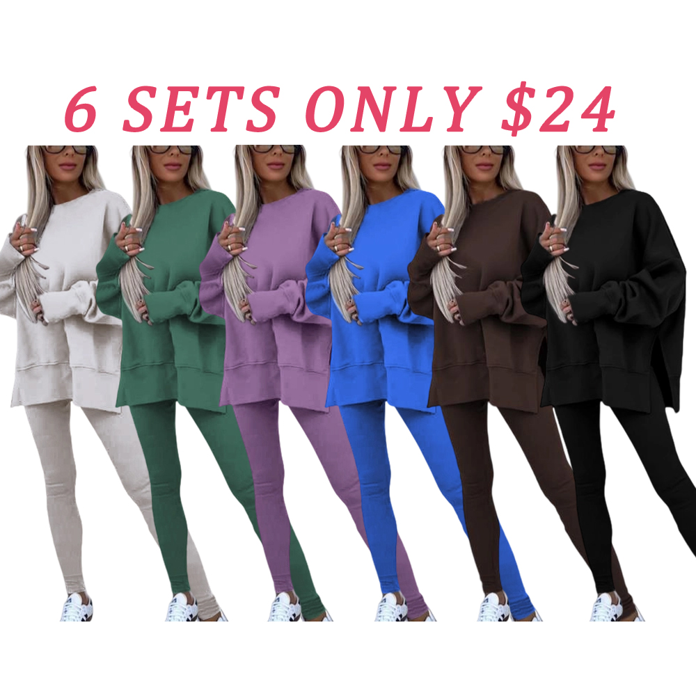 🔥Women's Solid Drop Shoulder Split Hem Sweatshirt & Pants Two-piece Set