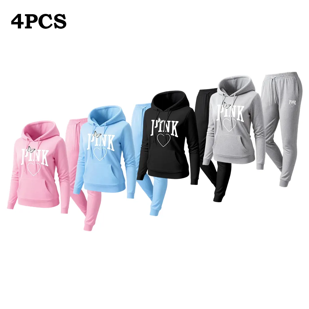 Women's Pink Heart Print Hoodie & Track Pants Set
