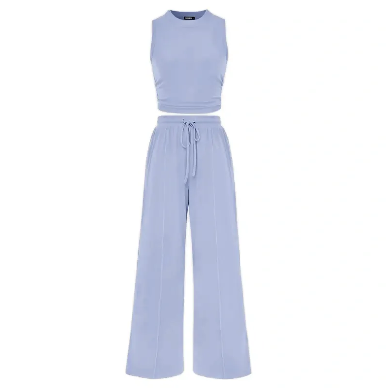 🔥Women's 2-Piece Outfits - Ribbed Knit Crew Neck Sleeveless Cropped Top & Wide Leg Pants Lounge Set