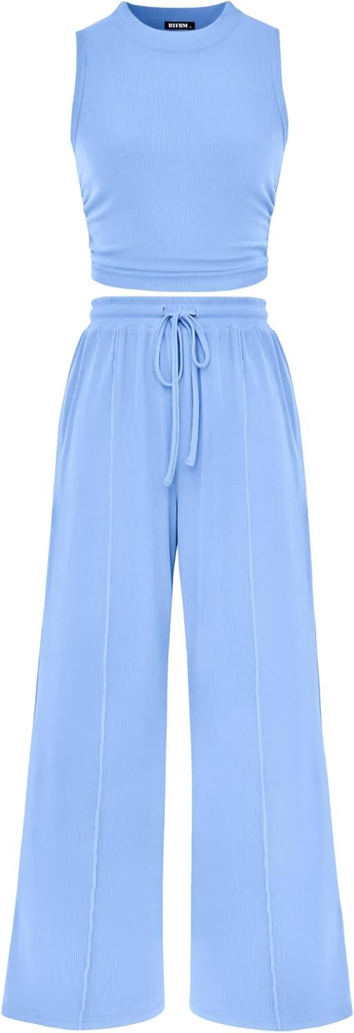 Women Summer 2 Piece Outfits 2026 Beach Crew Neck Sleeveless Cropped Top Elastic Waist Wide Leg Pants Lounge Set