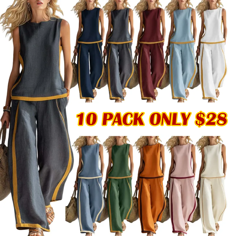 Linen Blend Women Sleeveless Color Block Top Wide Leg Pants Set
