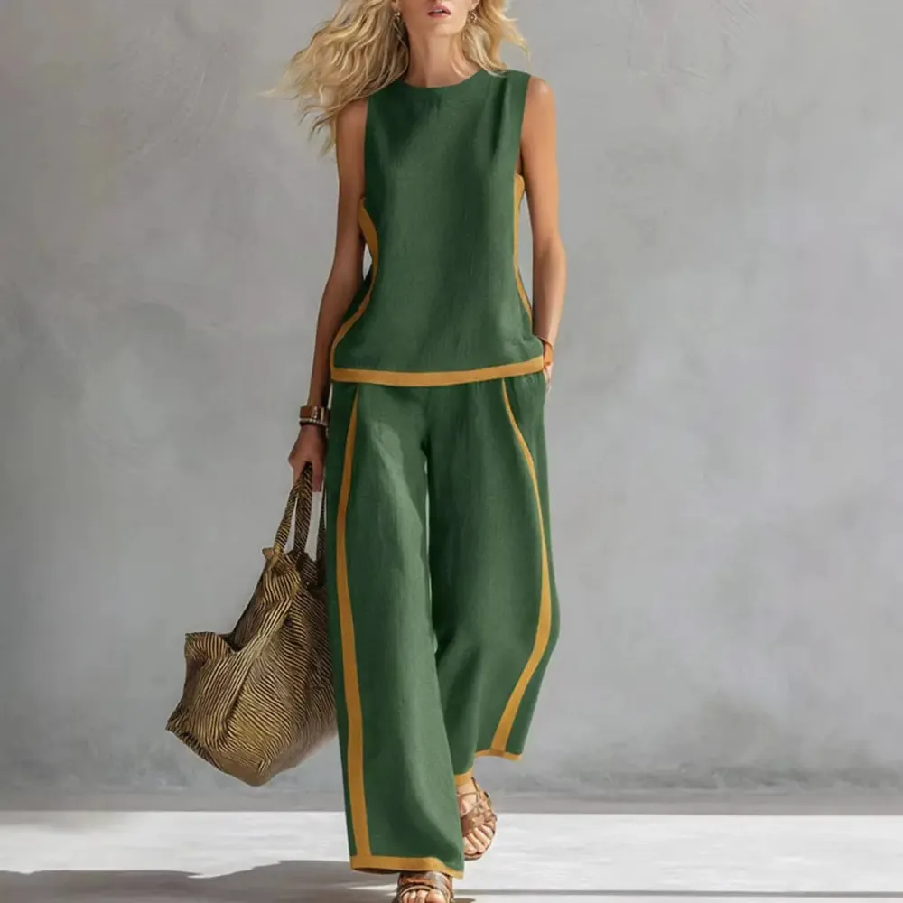 Linen Blend Women Sleeveless Color Block Top Wide Leg Pants Set
