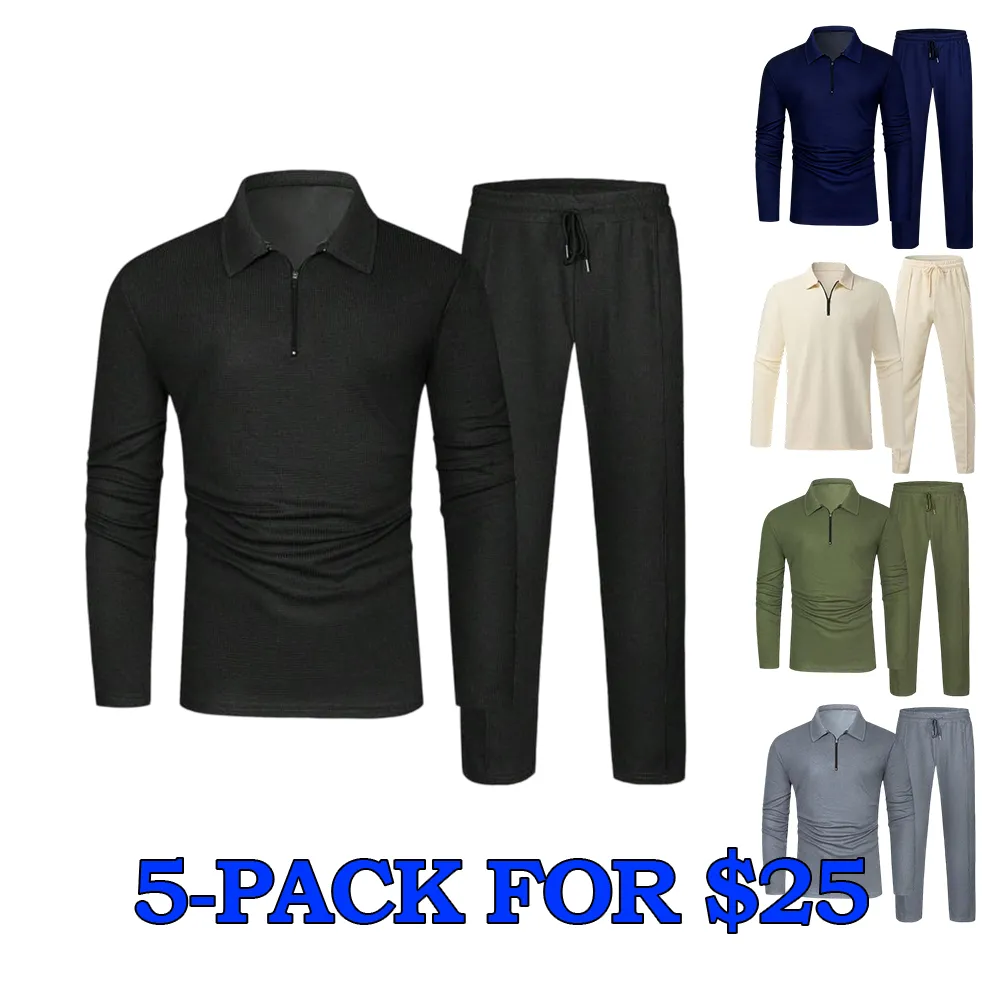 Men's Solid Textured Long Sleeve Polo Shirt & Drawstring Waist Pants Set