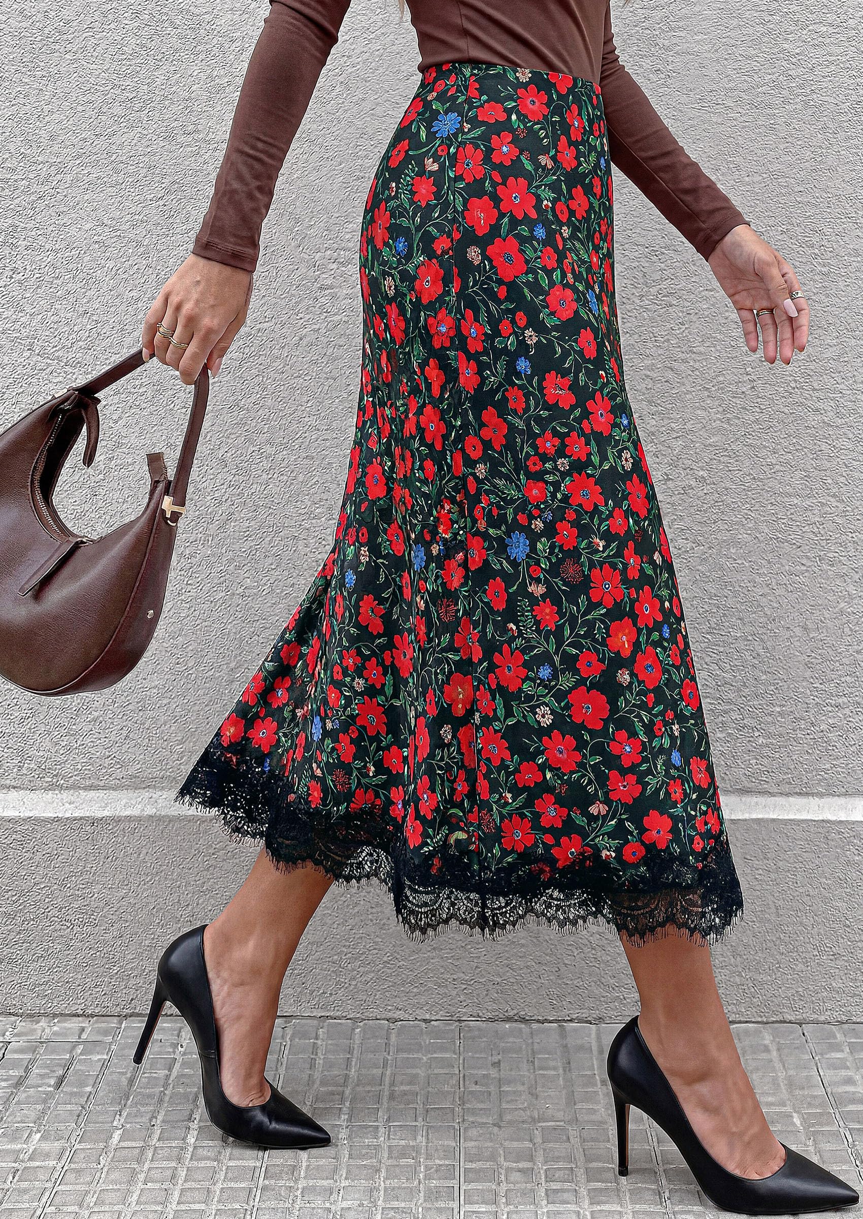 Women's Polka Dot Satin Skirt Fall Flowy Midi Leopard Skirts