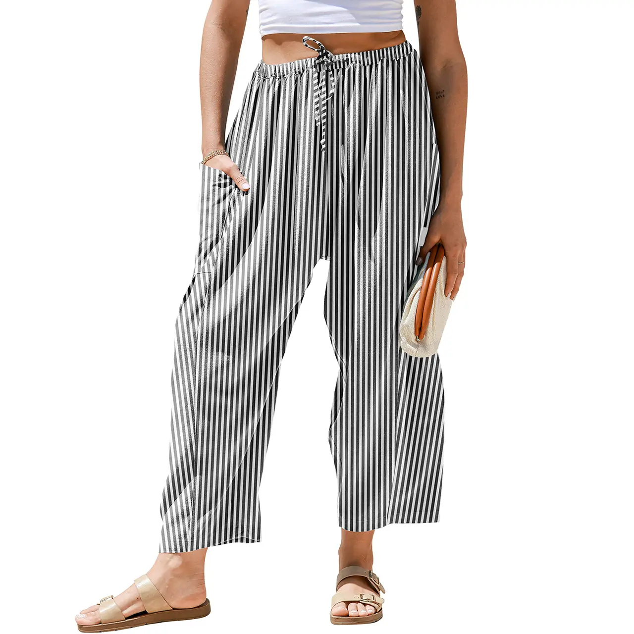TARSE Women's Wide Leg Striped Palazzo Pants with Pockets