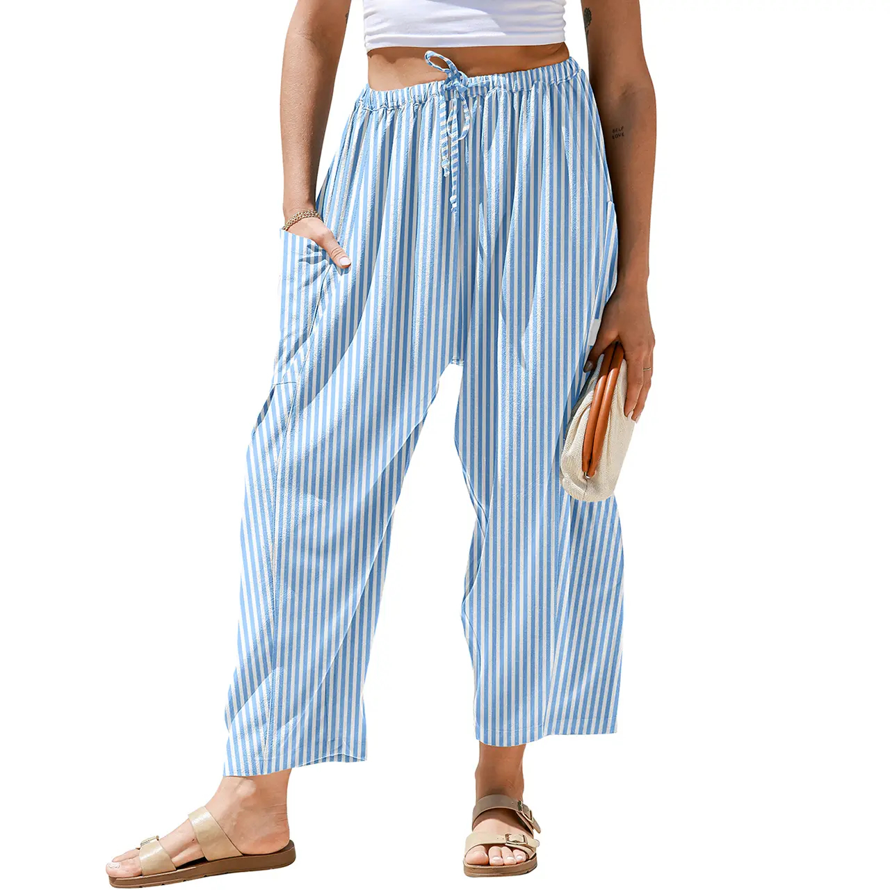 TARSE Women's Wide Leg Striped Palazzo Pants with Pockets