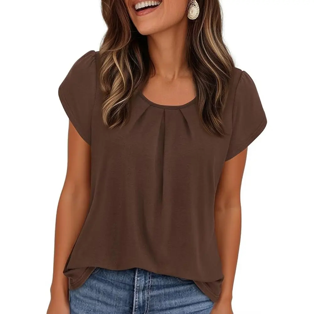 Women's Summer Pleated Crew Neck T-Shirt