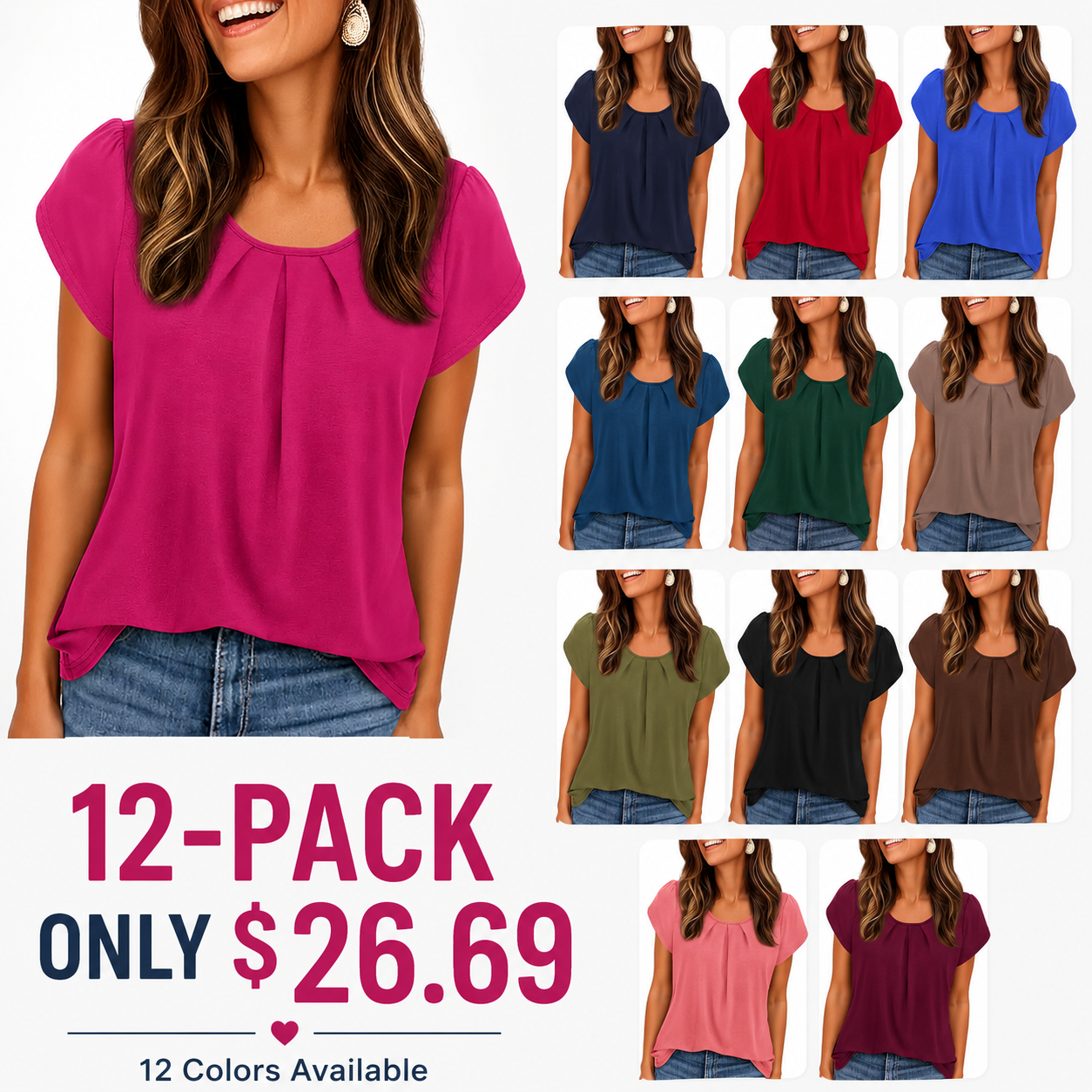 Women's Summer Pleated Crew Neck T-Shirt