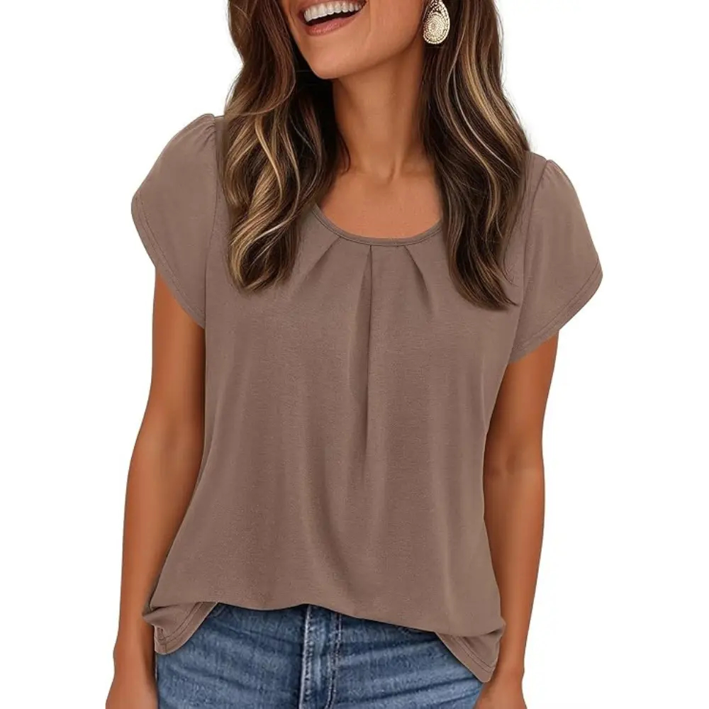 Women's Summer Pleated Crew Neck T-Shirt