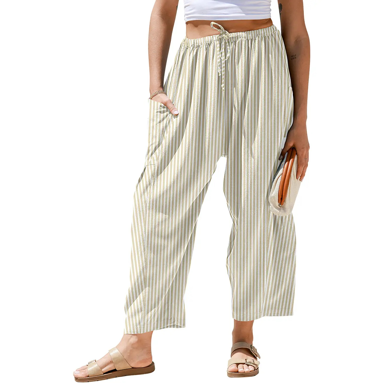 TARSE Women's Wide Leg Striped Palazzo Pants with Pockets