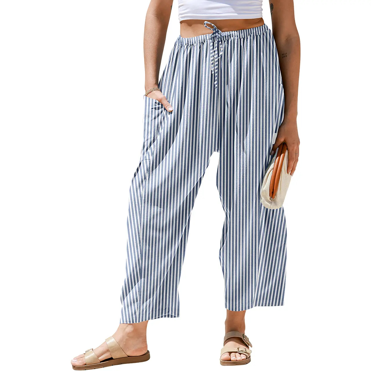 TARSE Women's Wide Leg Striped Palazzo Pants with Pockets