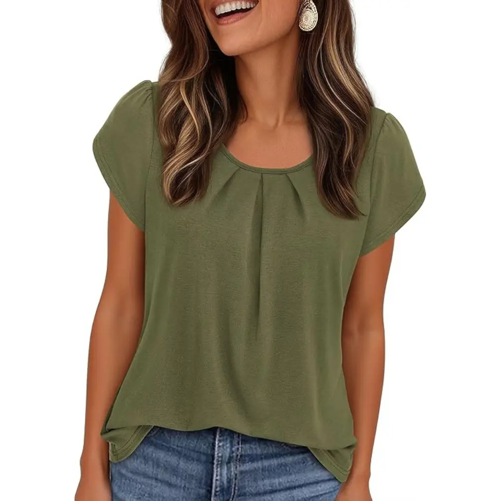 Women's Summer Pleated Crew Neck T-Shirt