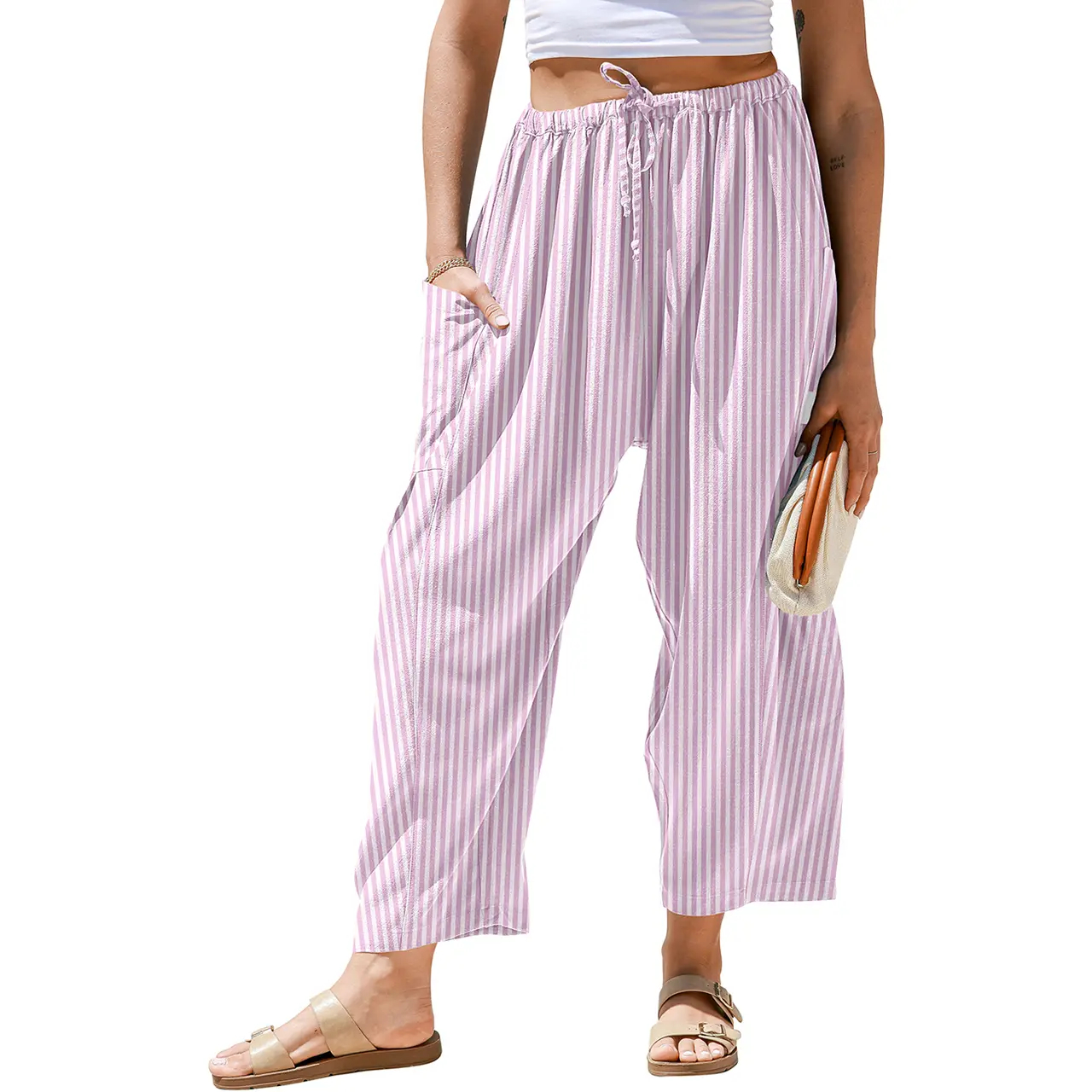TARSE Women's Wide Leg Striped Palazzo Pants with Pockets