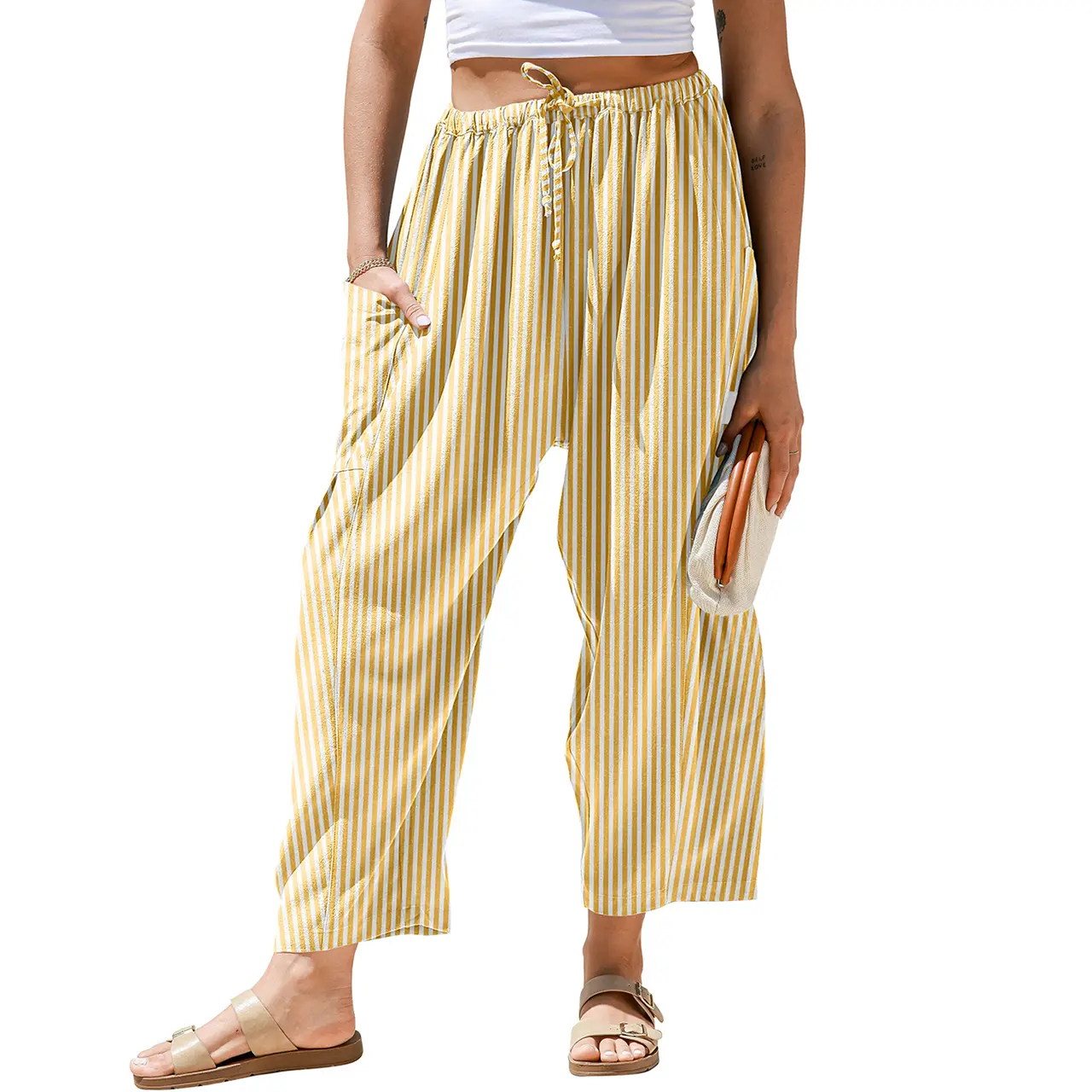 TARSE Women's Wide Leg Striped Palazzo Pants with Pockets