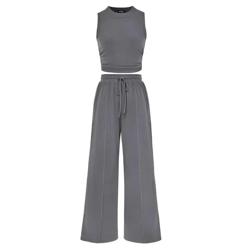🔥Women's 2-Piece Outfits - Ribbed Knit Crew Neck Sleeveless Cropped Top & Wide Leg Pants Lounge Set