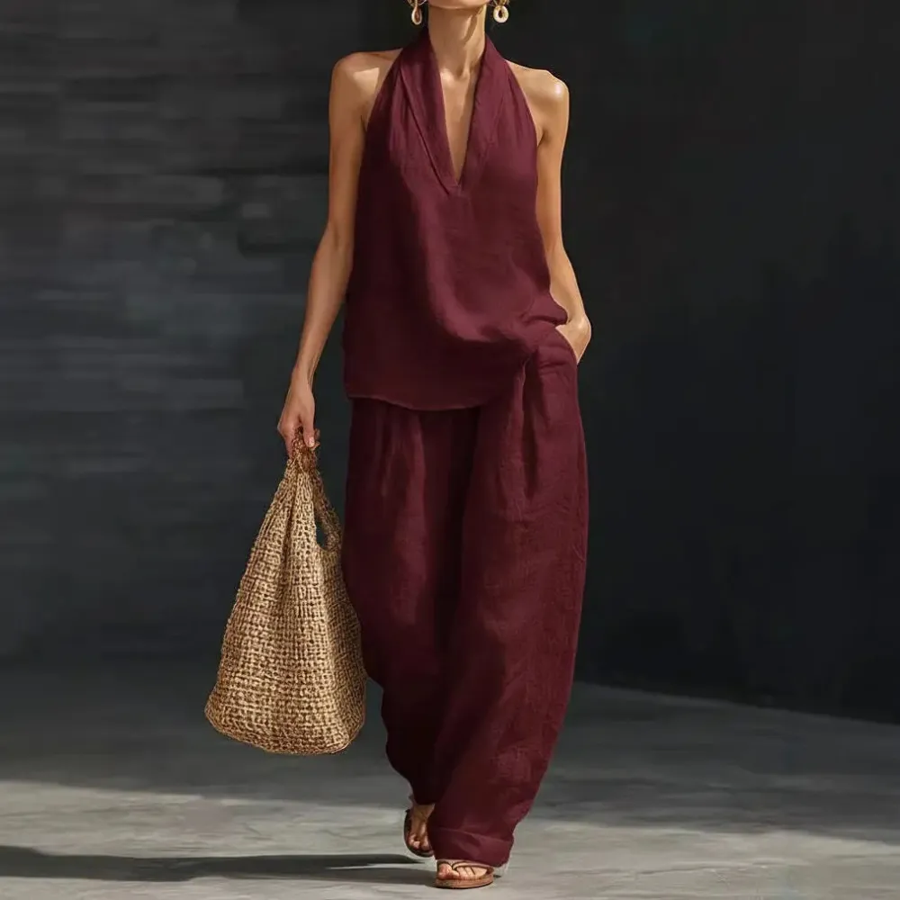 Women's Boho Linen Two Piece Set Halter Neck Sleeveless Top & Wide Leg Pants Beach Vacation Brunch Casual Outfit