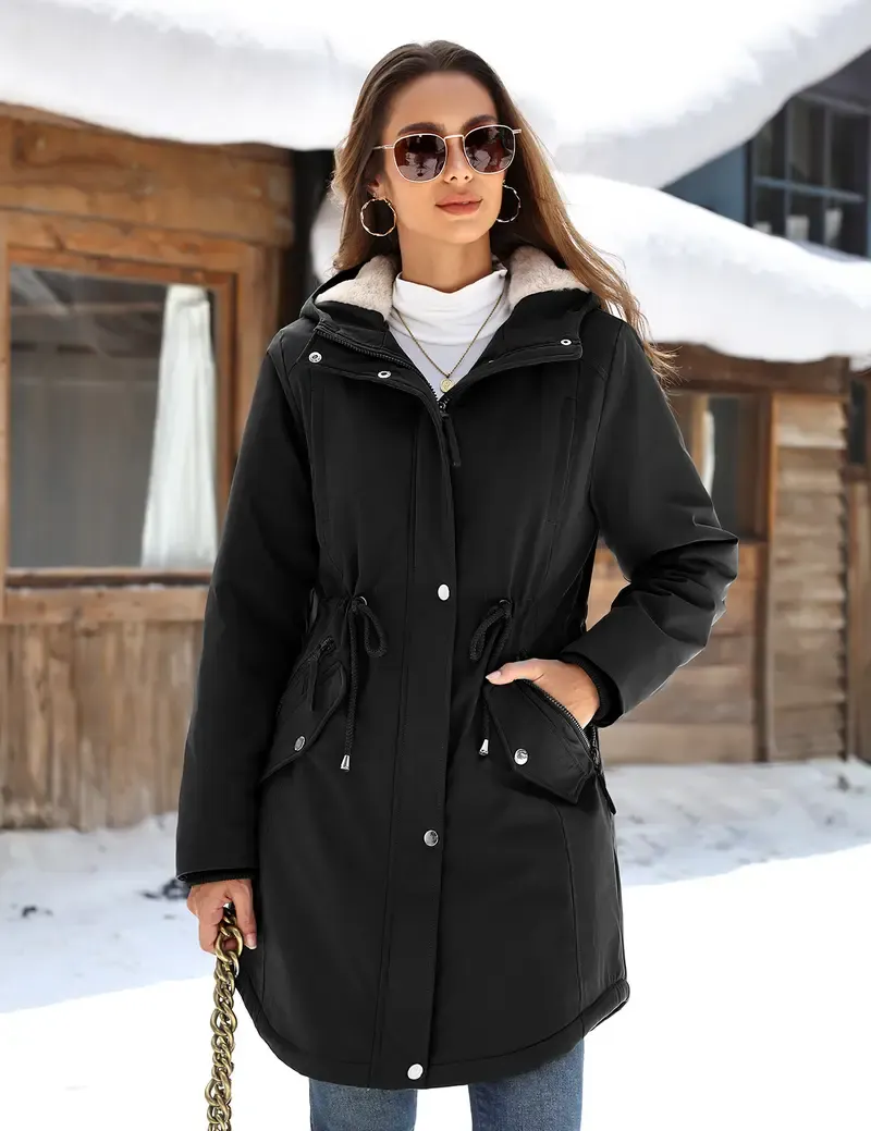 FASHORA Women's Fleece Thick Waterproof Rain Jacket Parka Jacket Women Waterproof Fleece Lined Hooded Warm Winter Coat with Pockets for Daily Commute & Outdoor Womenswear Outerwear