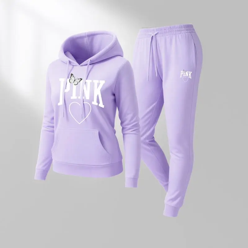 Women's Pink Heart Print Hoodie & Track Pants Set