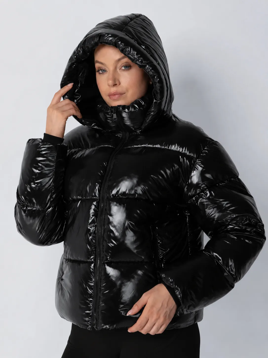 Shiny Black Detachable Hooded Puffer Jacket