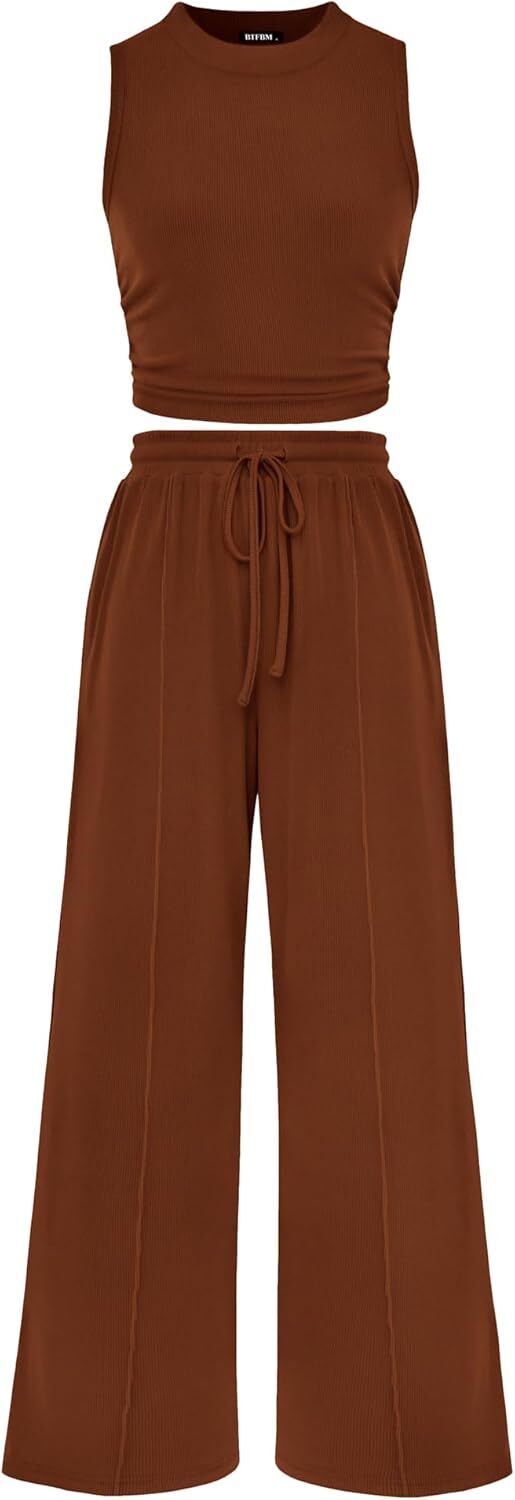 Women Summer 2 Piece Outfits 2026 Beach Crew Neck Sleeveless Cropped Top Elastic Waist Wide Leg Pants Lounge Set