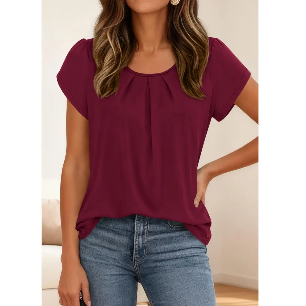 Women's Summer Pleated Crew Neck T-Shirt
