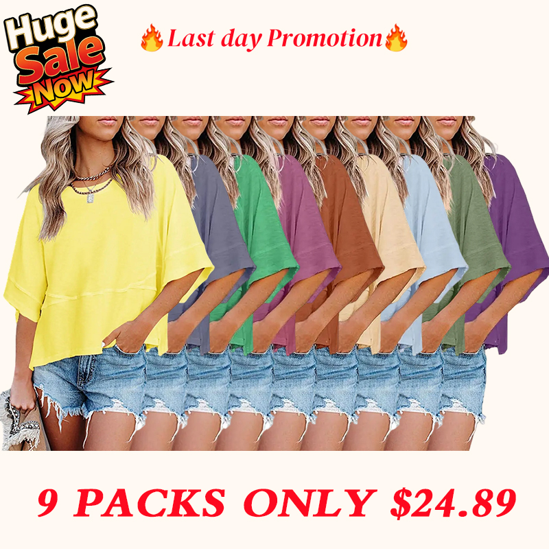 🔥Women's Summer Casual Crewneck Batwing Half Sleeve T-Shirts Solid Color Loose Fit Cute Basic Flowy Tops Tees Blouses