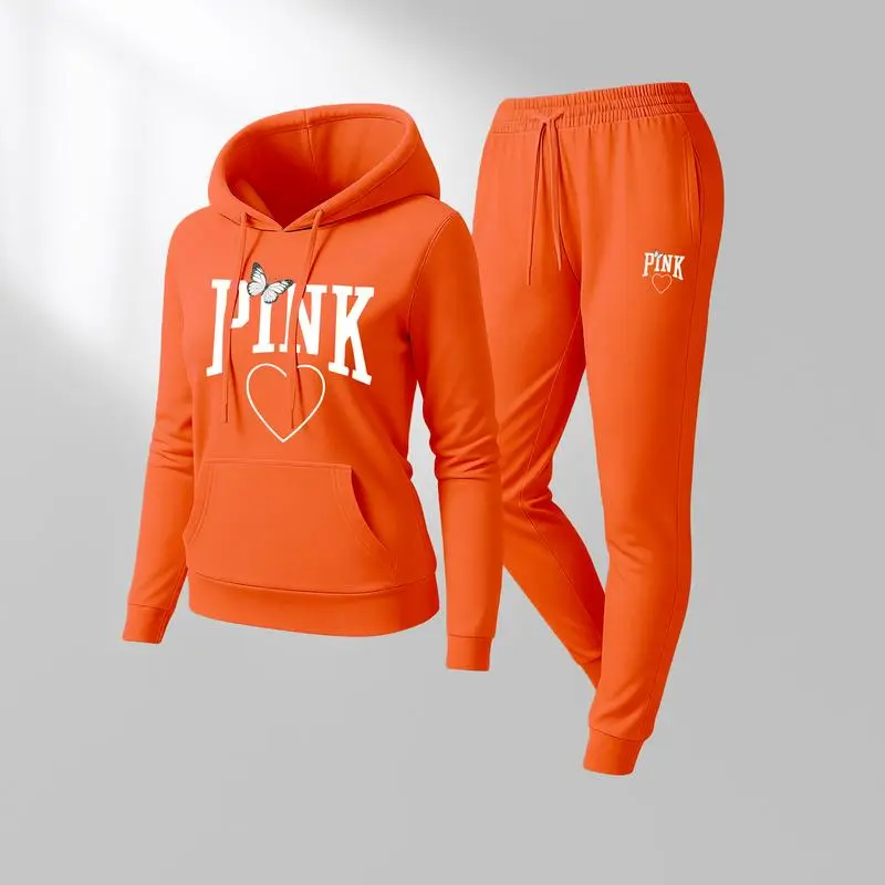 Women's Pink Heart Print Hoodie & Track Pants Set